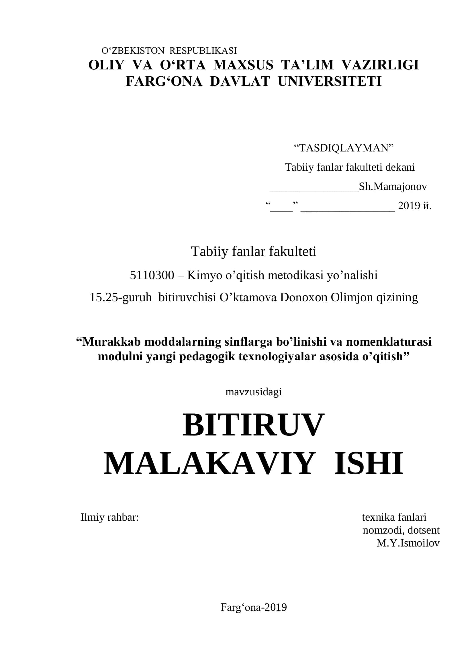 Kimyo o’qitish metodikasi yo’nalishi 1