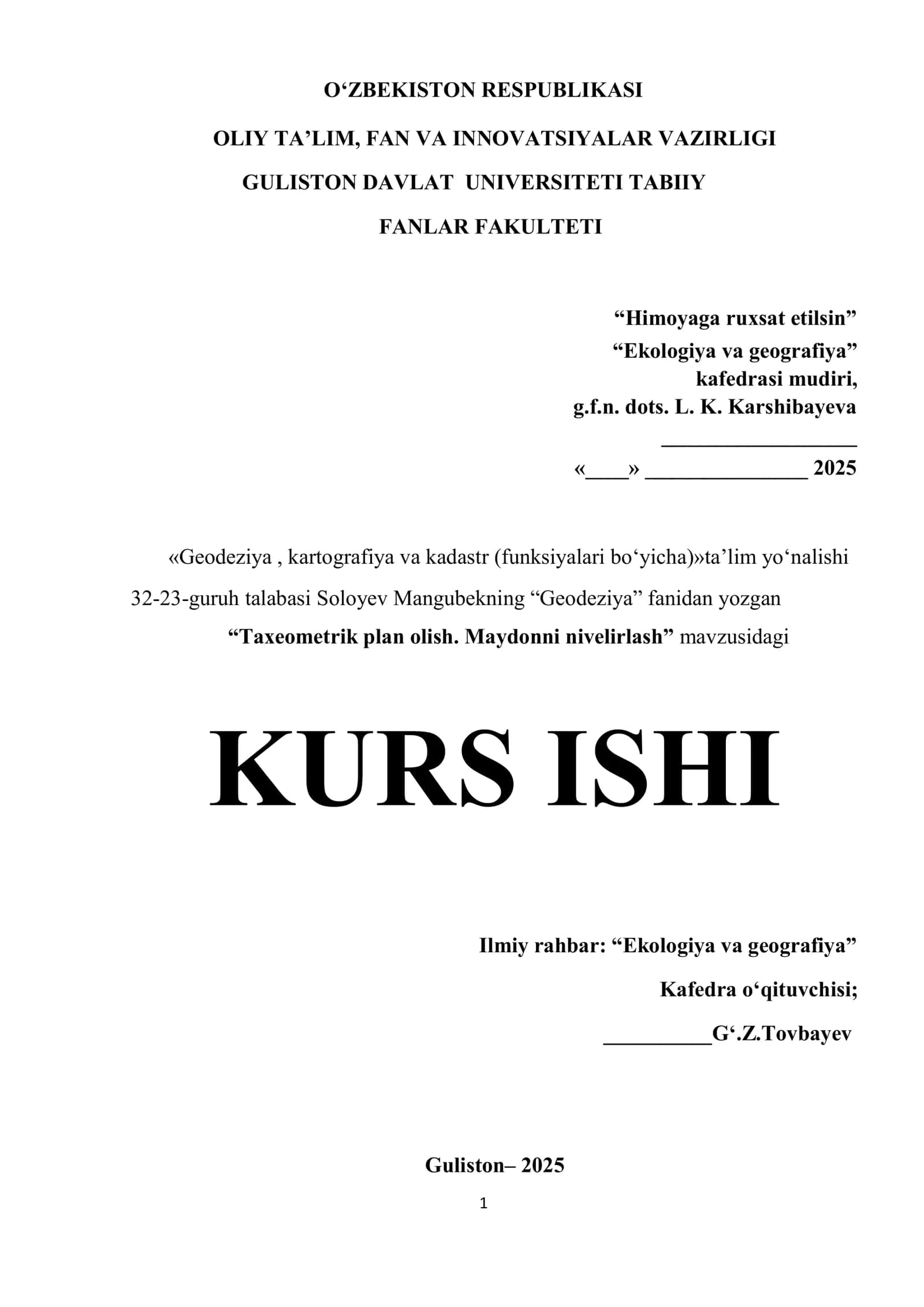Taxeometrik plan olish. Maydonni nivelirlash 1