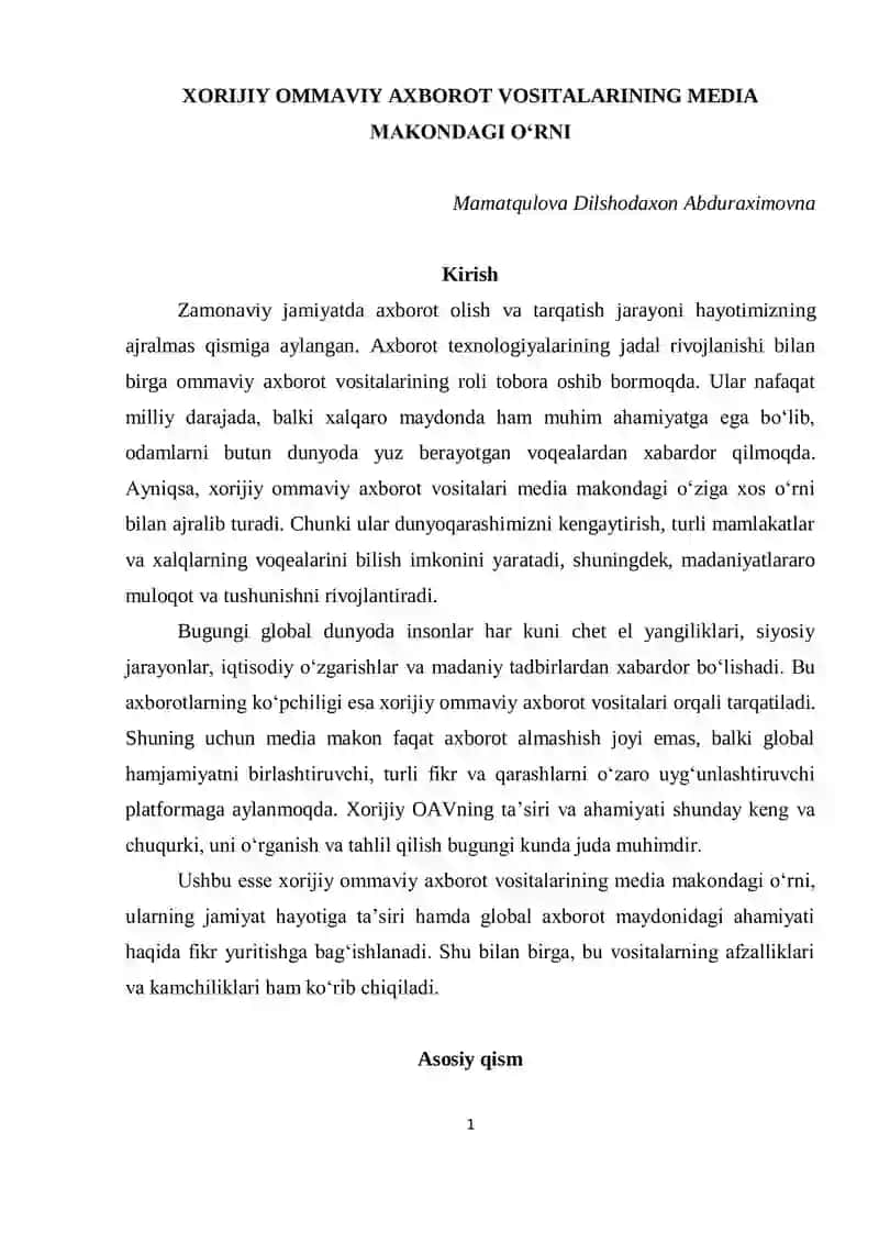 XORIJIY OMMAVIY AXBOROT VOSITALARINING MEDIA MAKONDAGI O‘RNI