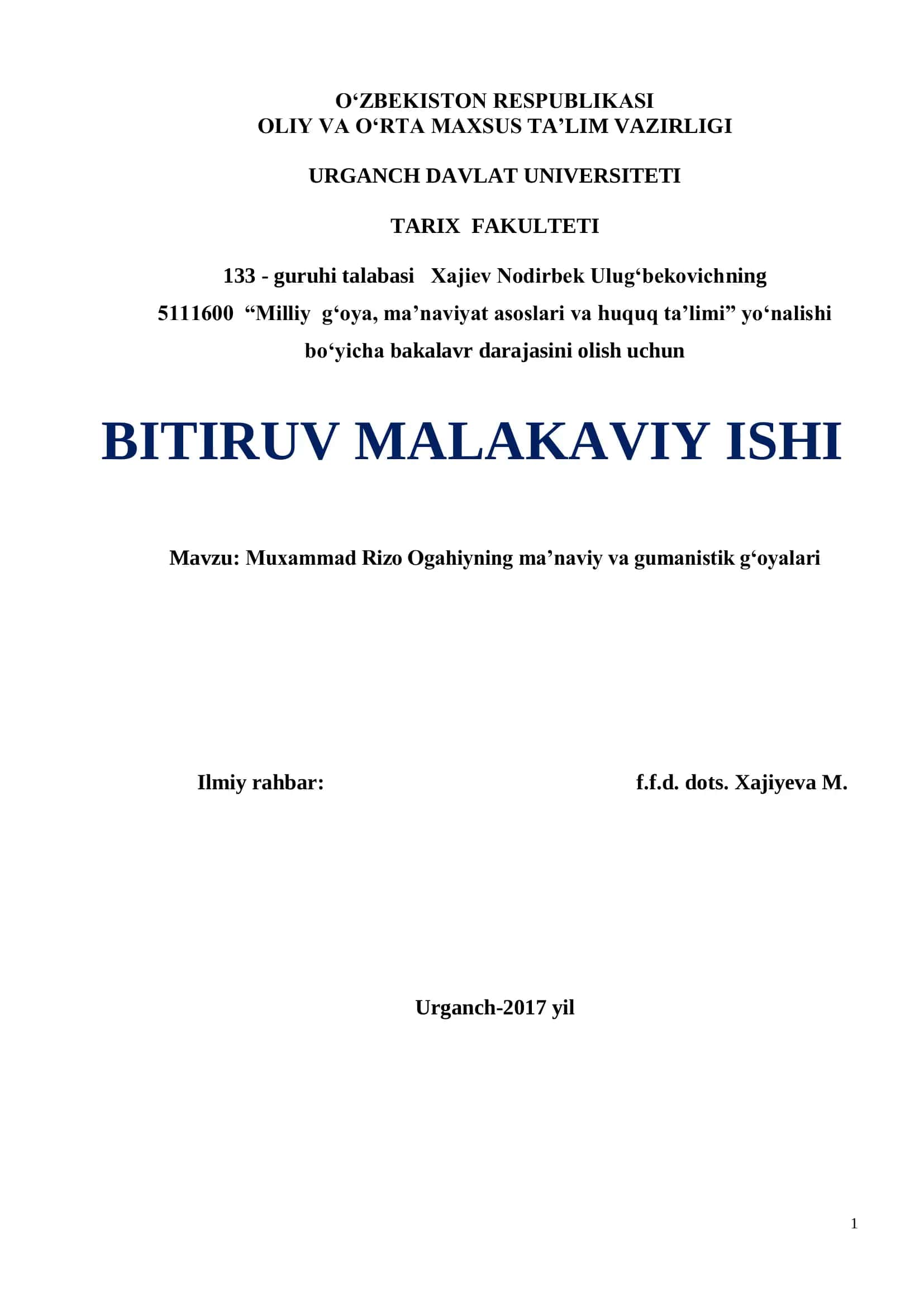 Muxammad Rizo Ogahiyning ma‟naviy va gumanistik g„oyalari 1