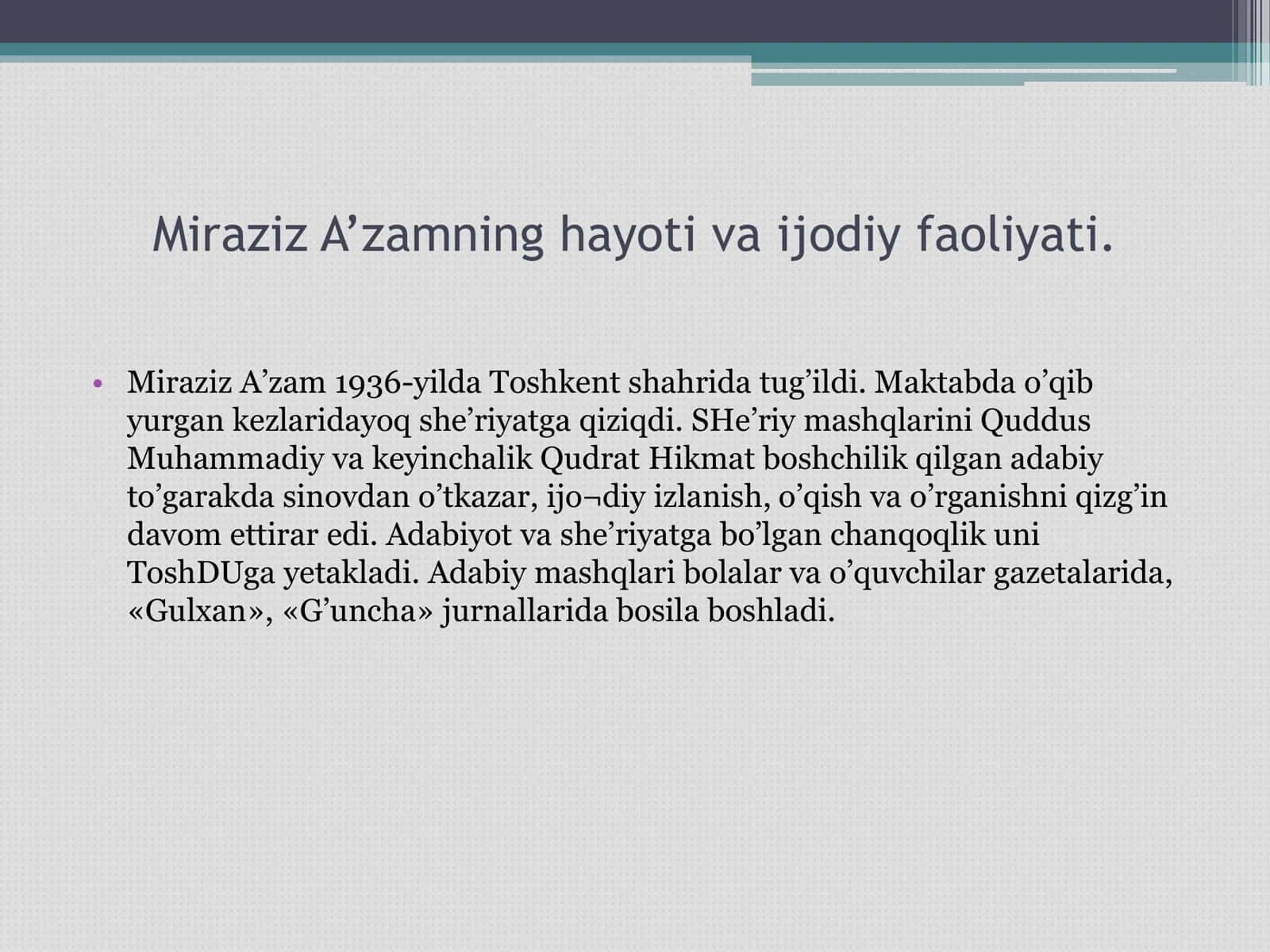 Miraziz A’zamning hayoti va ijodiy faoliyati 1