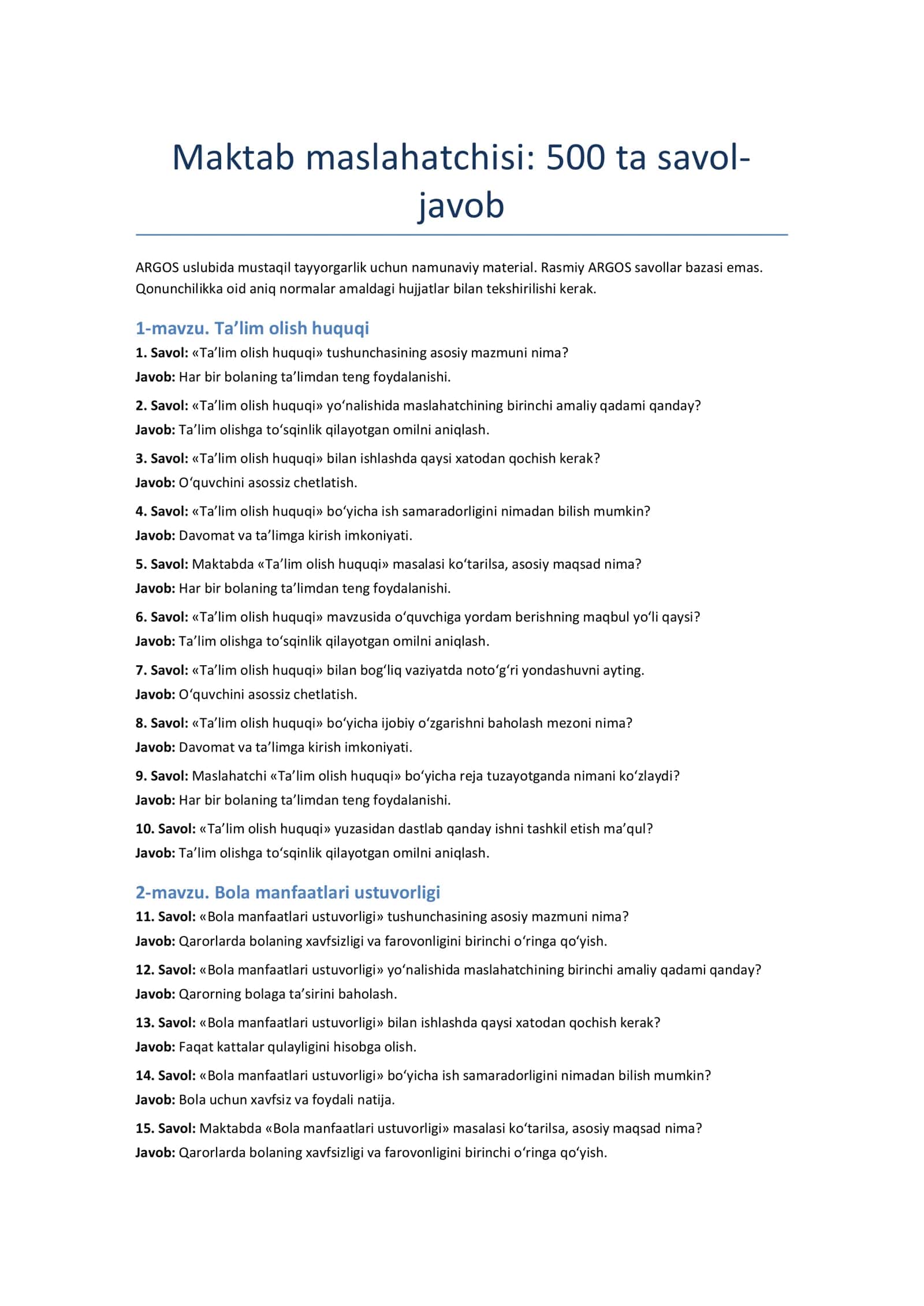 Maktab maslahatchisi 500 ta savollar + javoblar bilan 1