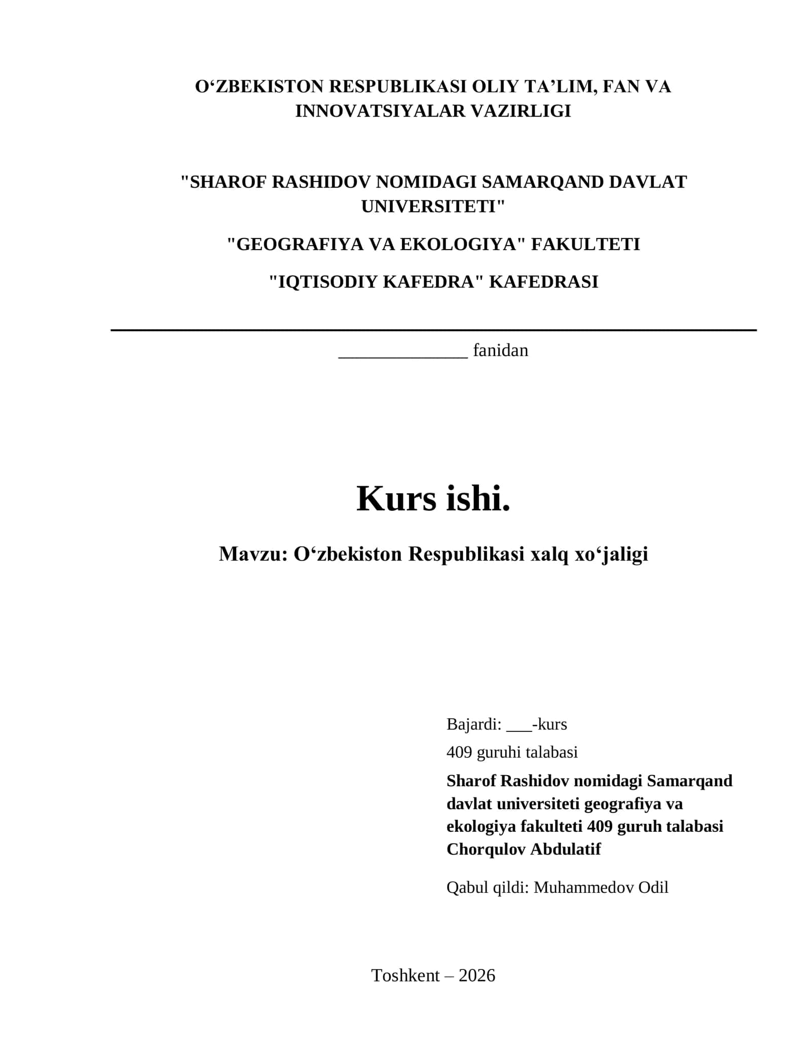 Oʻzbekiston Respublikasi xalq xoʻjaligi kurs ishi 1