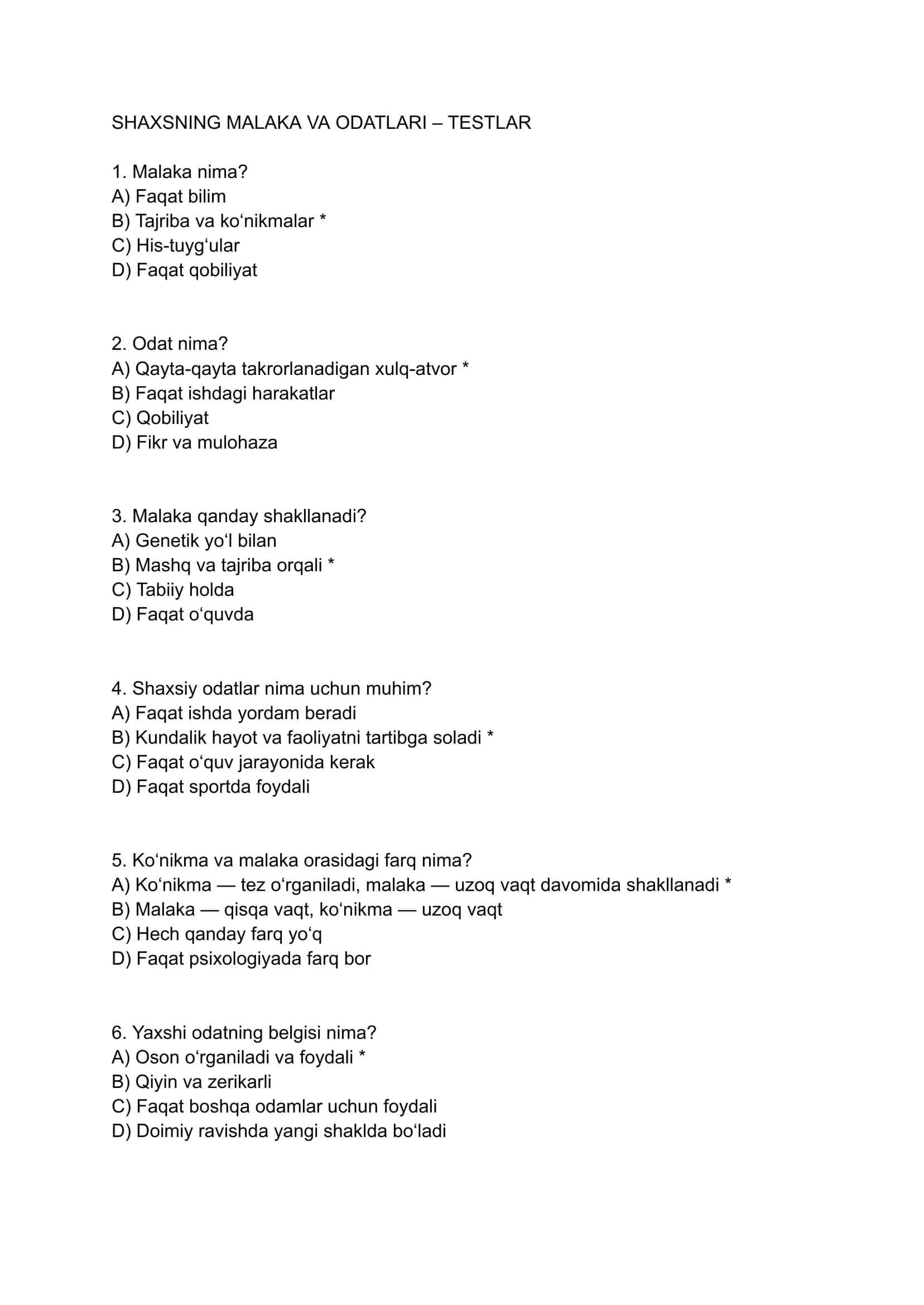 SHAXSNING MALAKA VA ODATLARI – TESTLAR 1