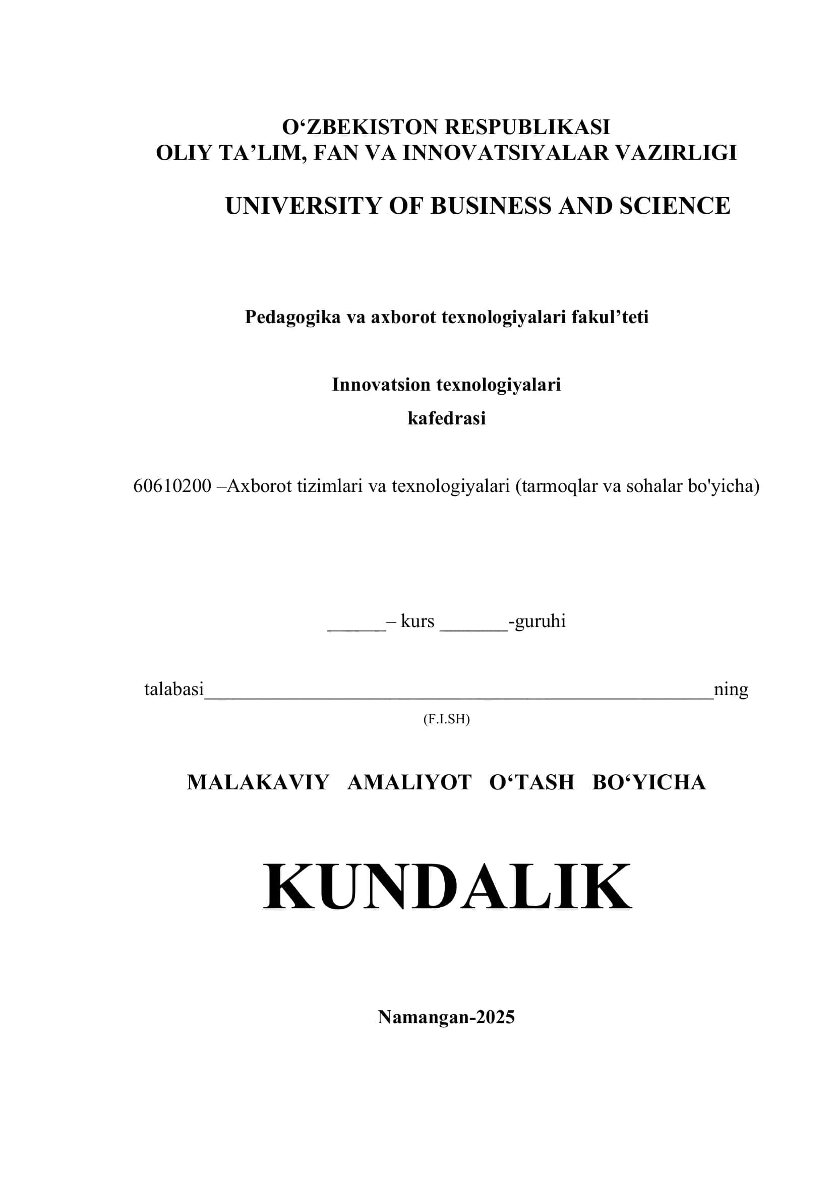 MALAKAVIY AMALIYOT O‘TASH BO‘YICHA KUNDALIK 1