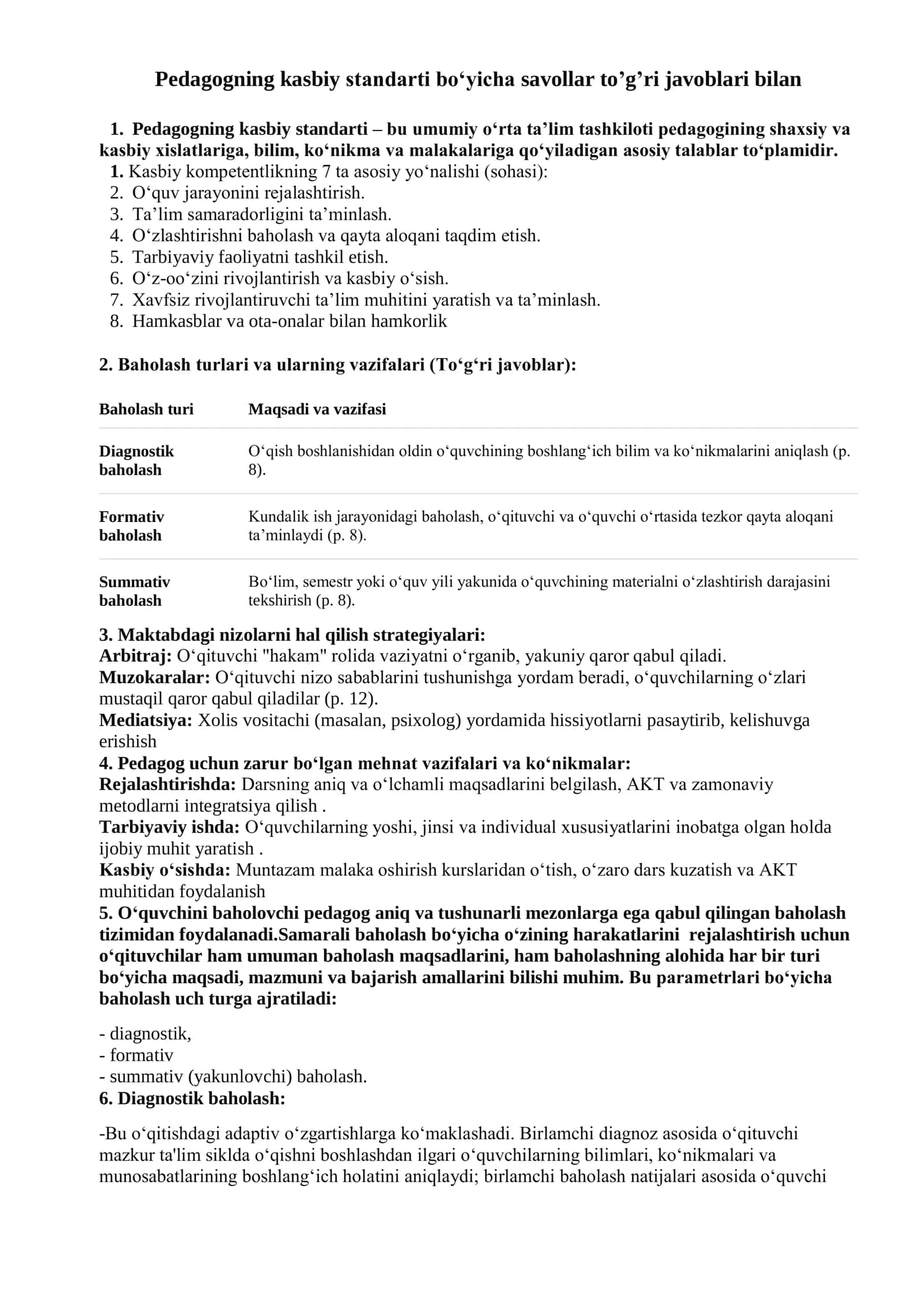 Attestatsiya kasb standarti savollari to'g'ri jaboblari bilan 1