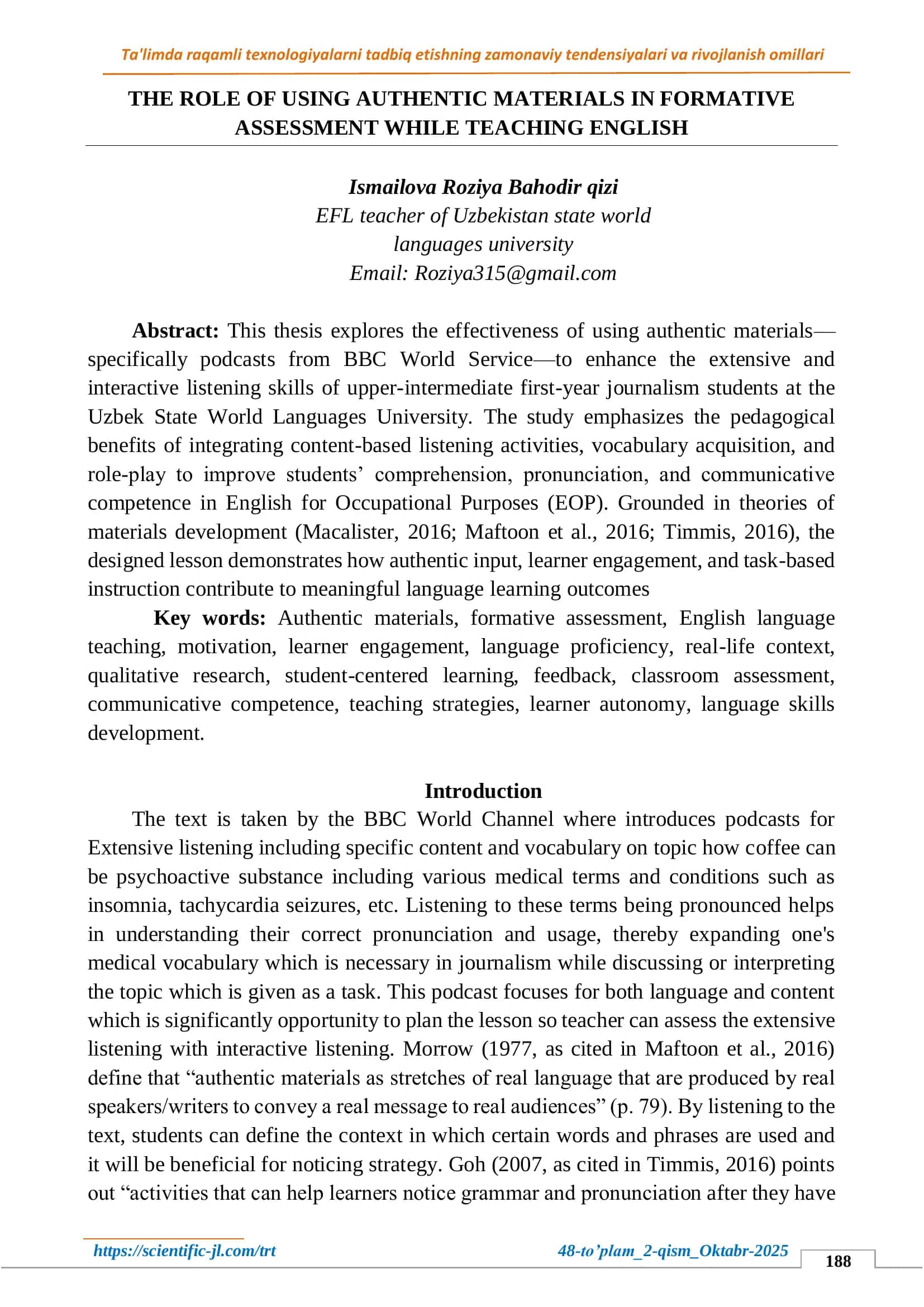 Using Authentic Materials in Formative Assessment for Teaching English 1
