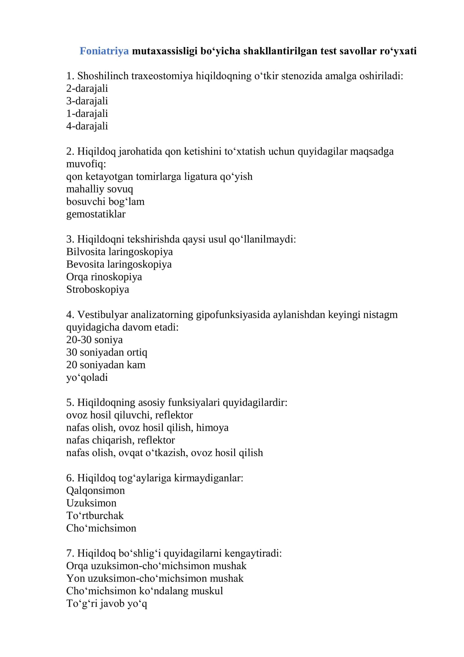 Foniatriya mutaxassisligi bo‘yicha shakllantirilgan test savollar ro‘yxati 2026 1