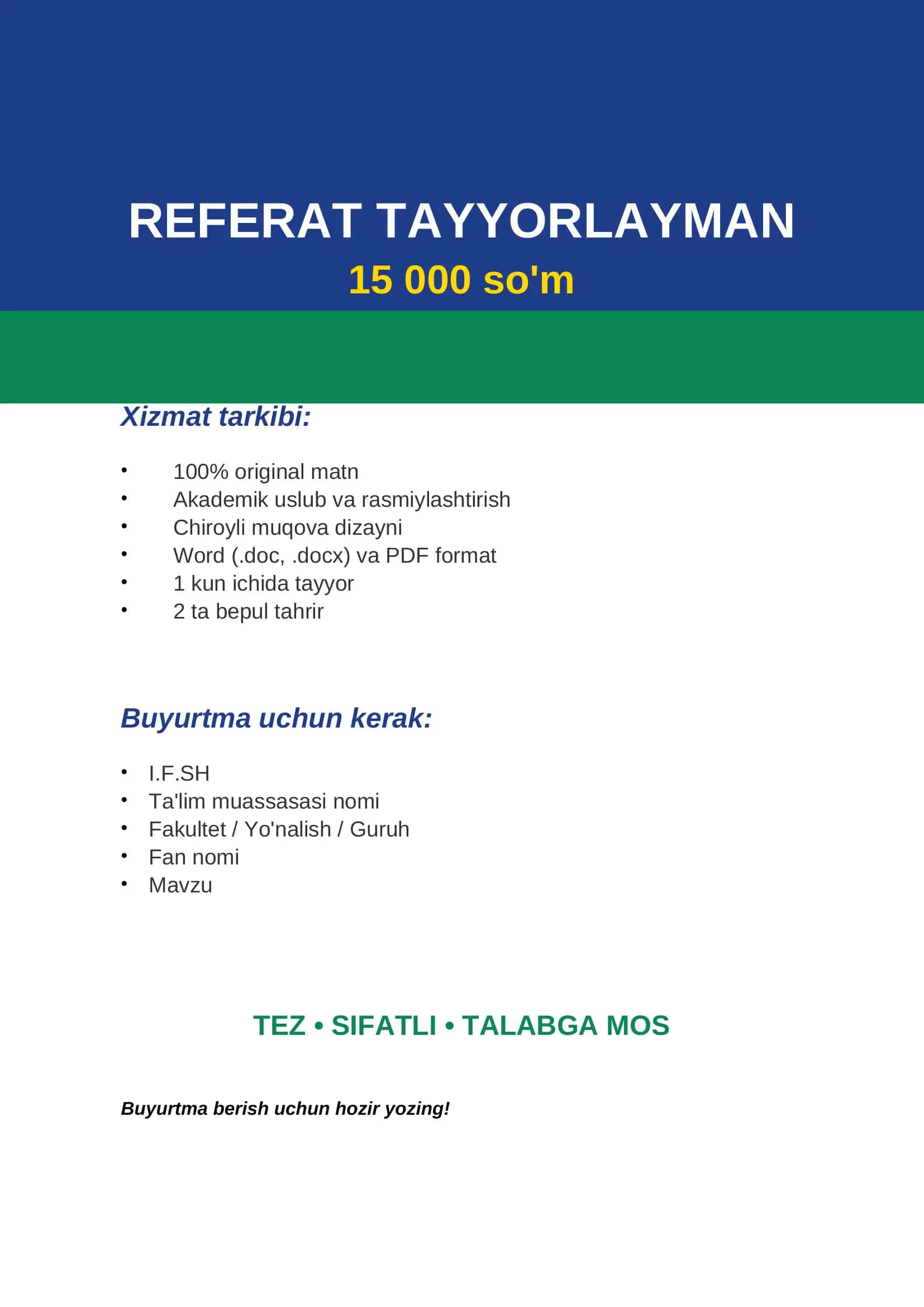 Referat PRO – Tez, Sifatli, Talabga Mos 1