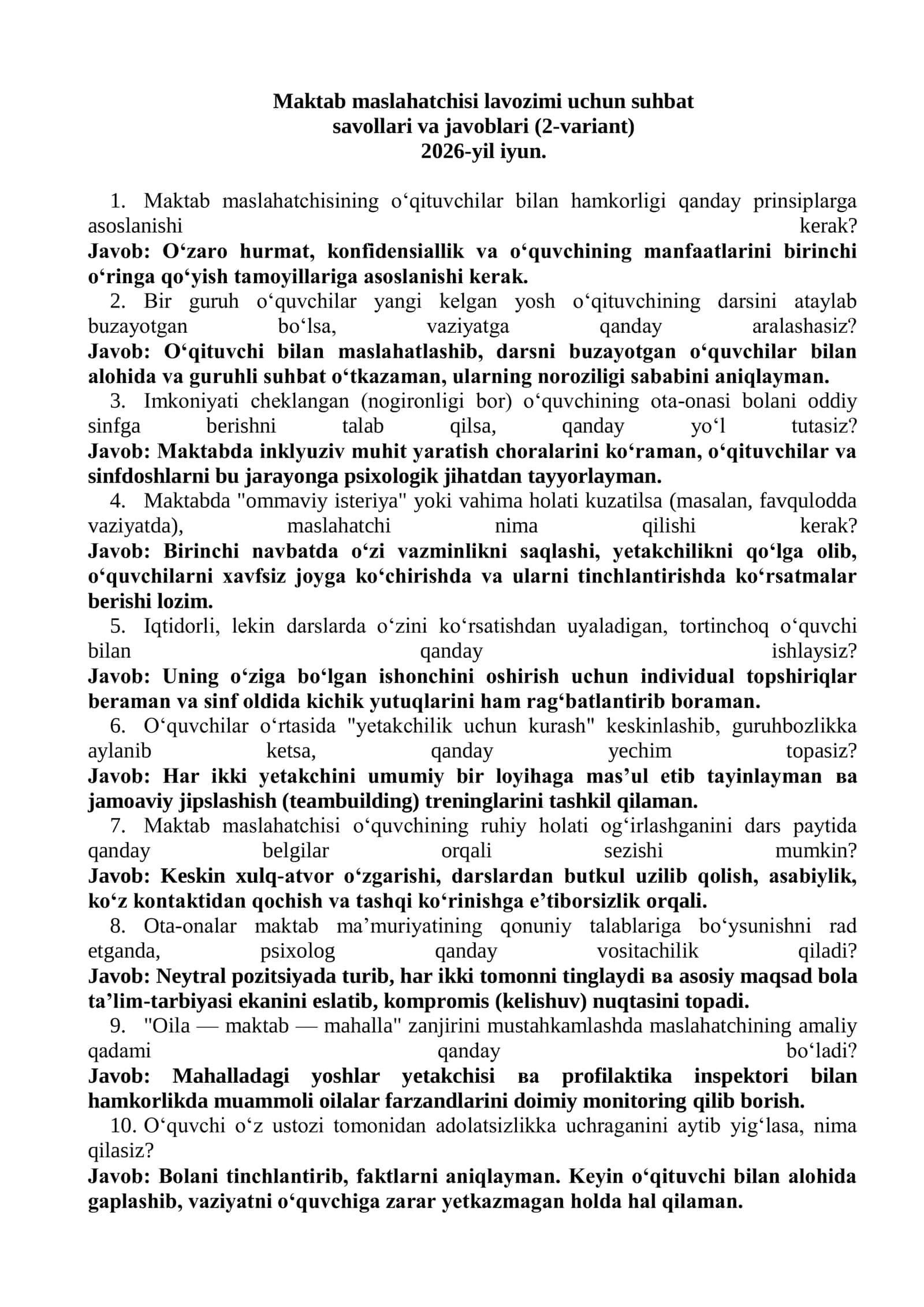 Maktab maslahatchisi lavozimi uchun suhbat savollari va javoblari (2-variant) 2026-yil iyun 1
