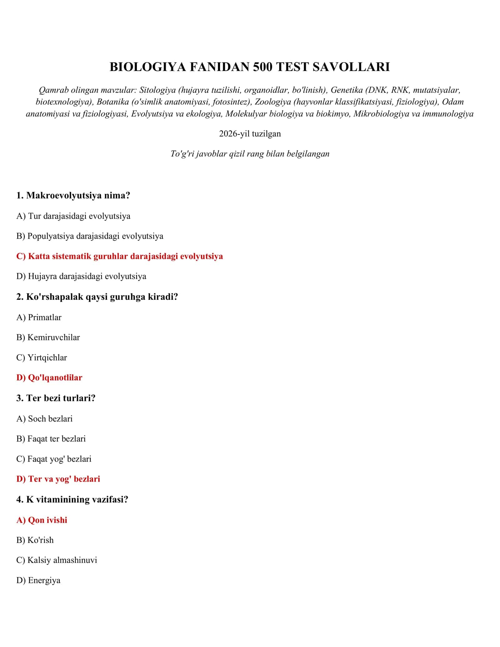 BIOLOGIYA FANIDAN 500 TEST SAVOLLARI 1