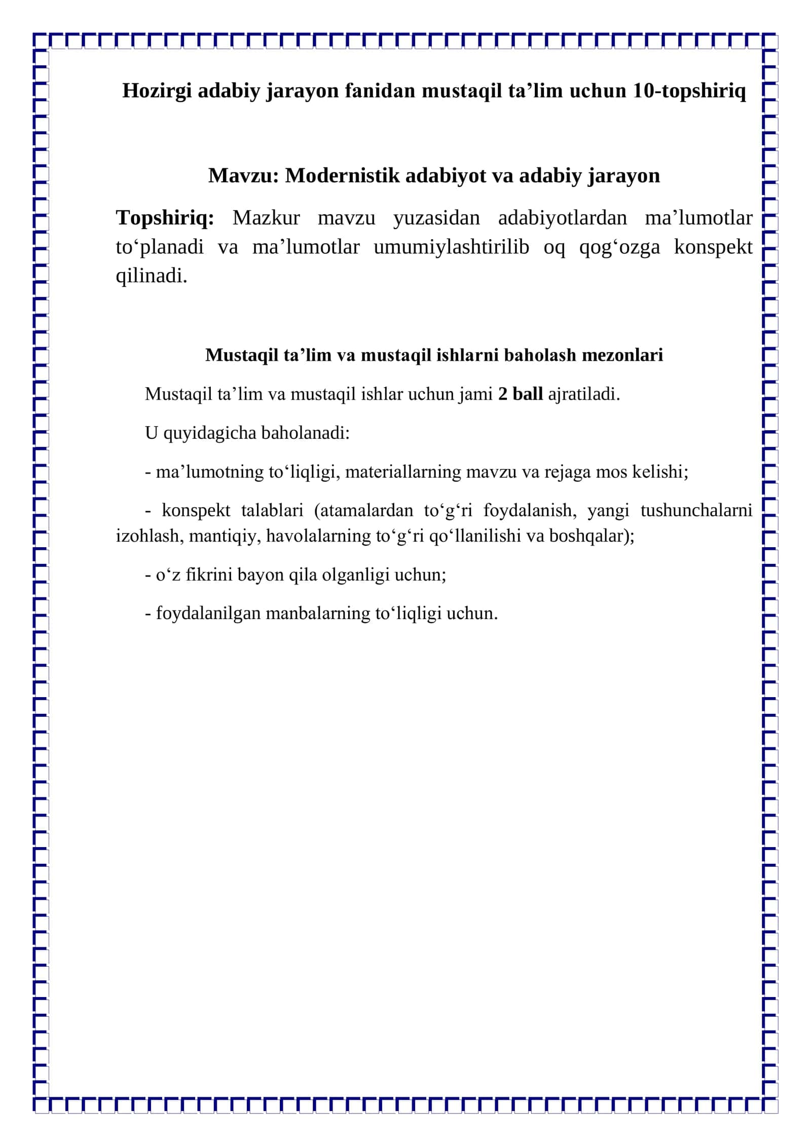 Mustaqil taʼlim uchun 10-topshiriq 1