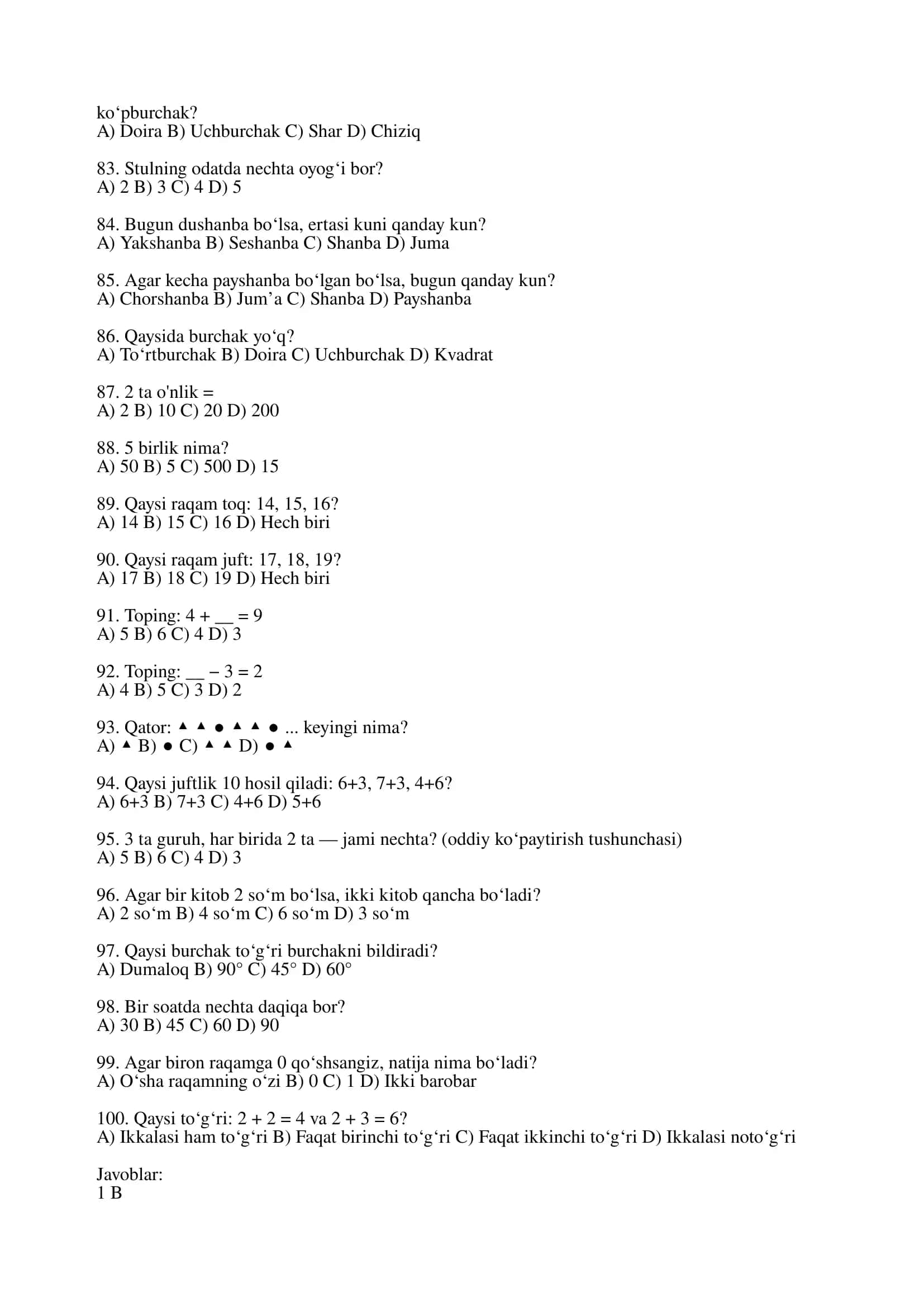 Matematika test 1 va 2 sinflar uchun 1