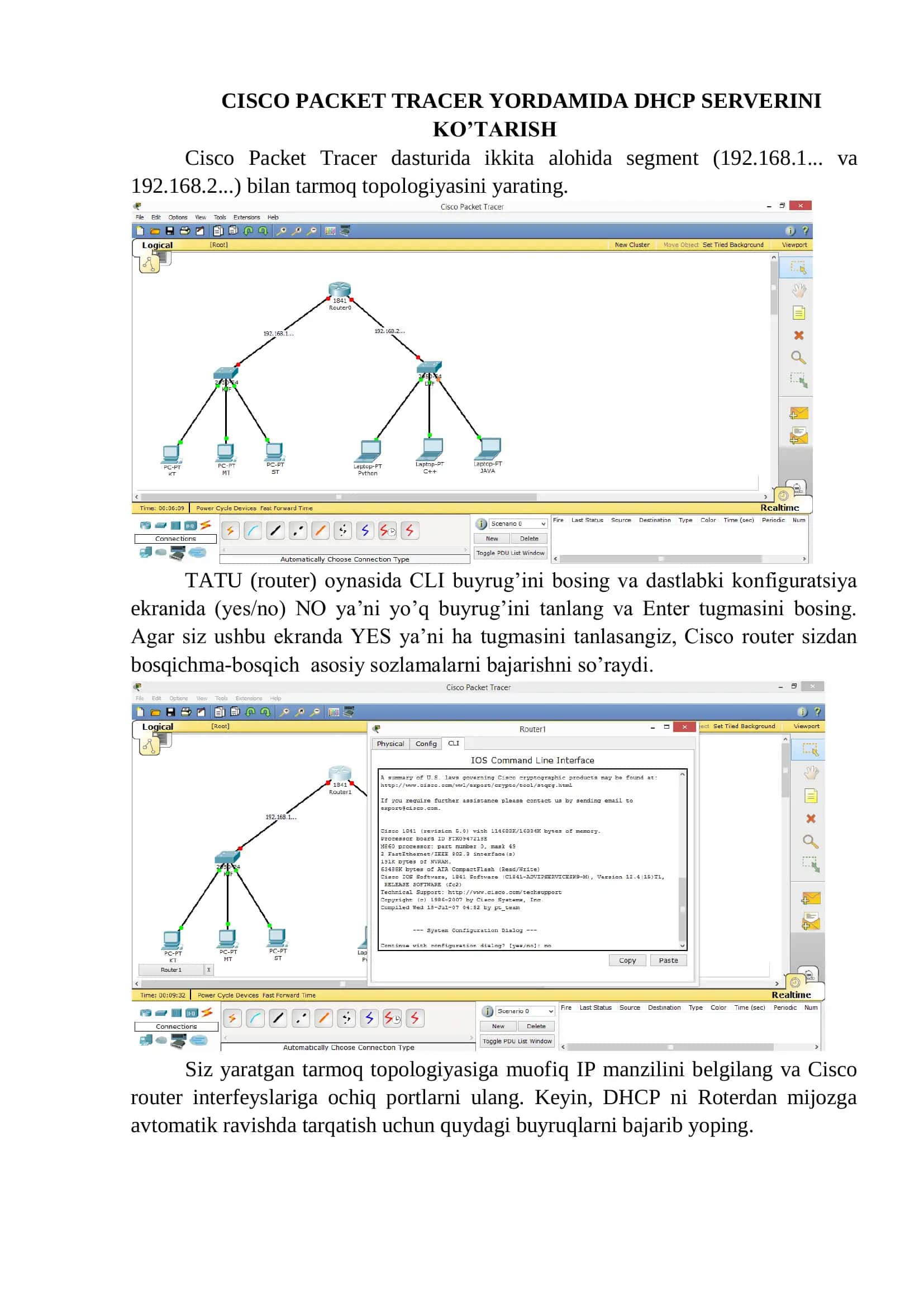 CISCO PACKET TRACER YORDAMIDA DHCP SERVERINI KO’TARISH 1