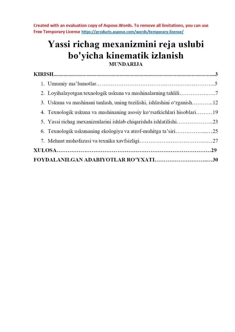 Yassi richag mexanizmini reja uslubi bo'yicha kinematik izlanish 1