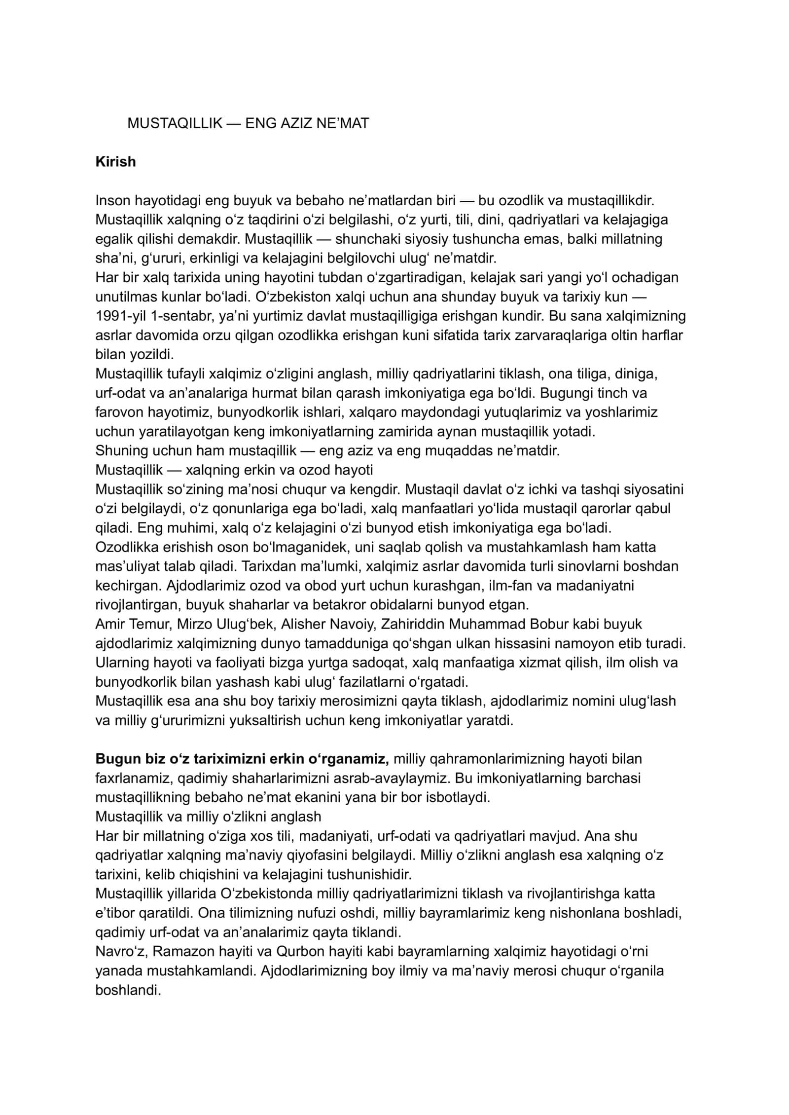 Mustaqillik eng Aziz Nemat mavzusida maqola 1