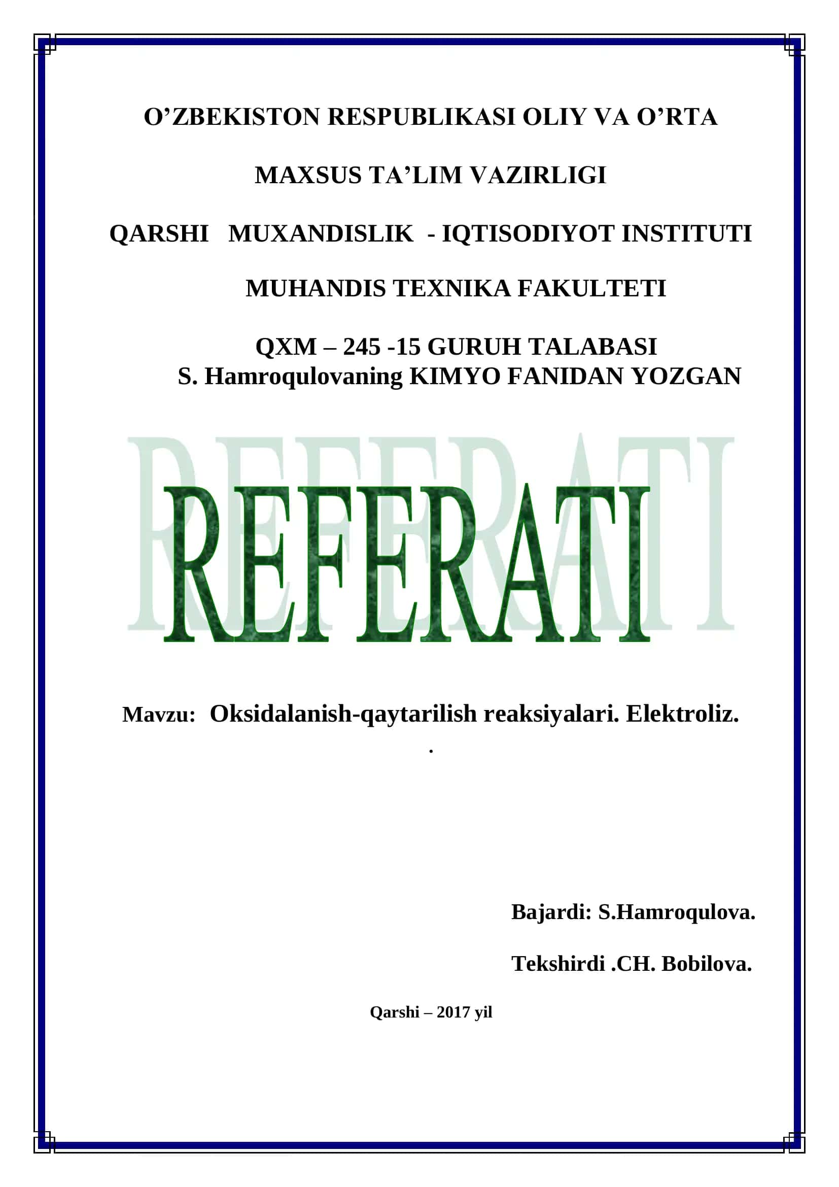 Oksidalanish-qaytarilish reaksiyalari. Elektroliz 1