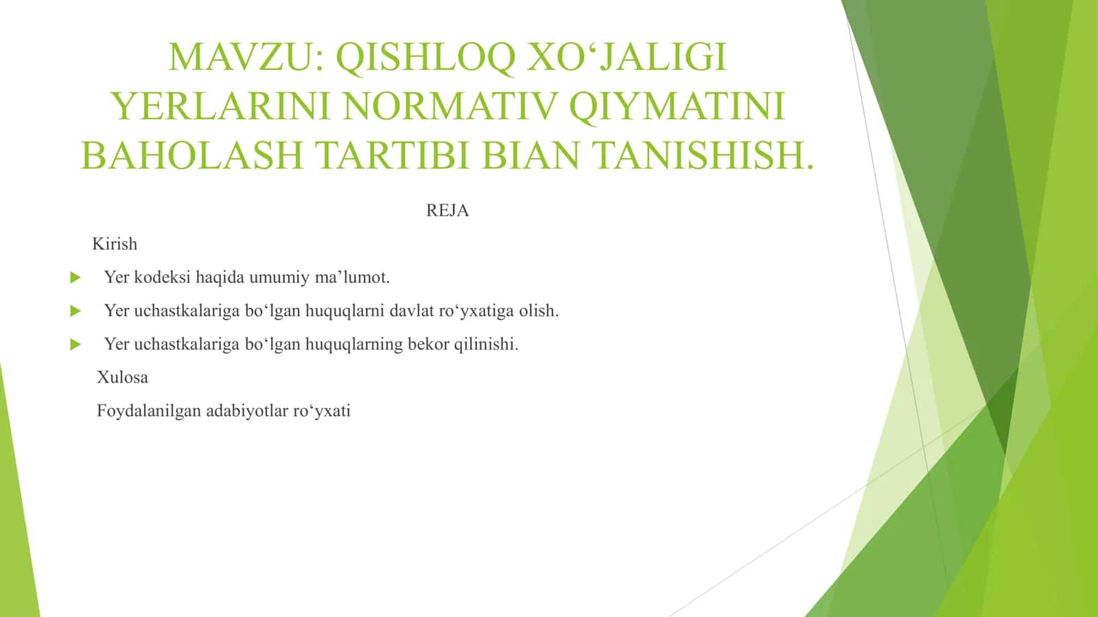 QISHLOQ XO‘JALIGI YERLARINI NORMATIV QIYMATINI BAHOLASH TARTIBI BIAN TANISHISH. 1