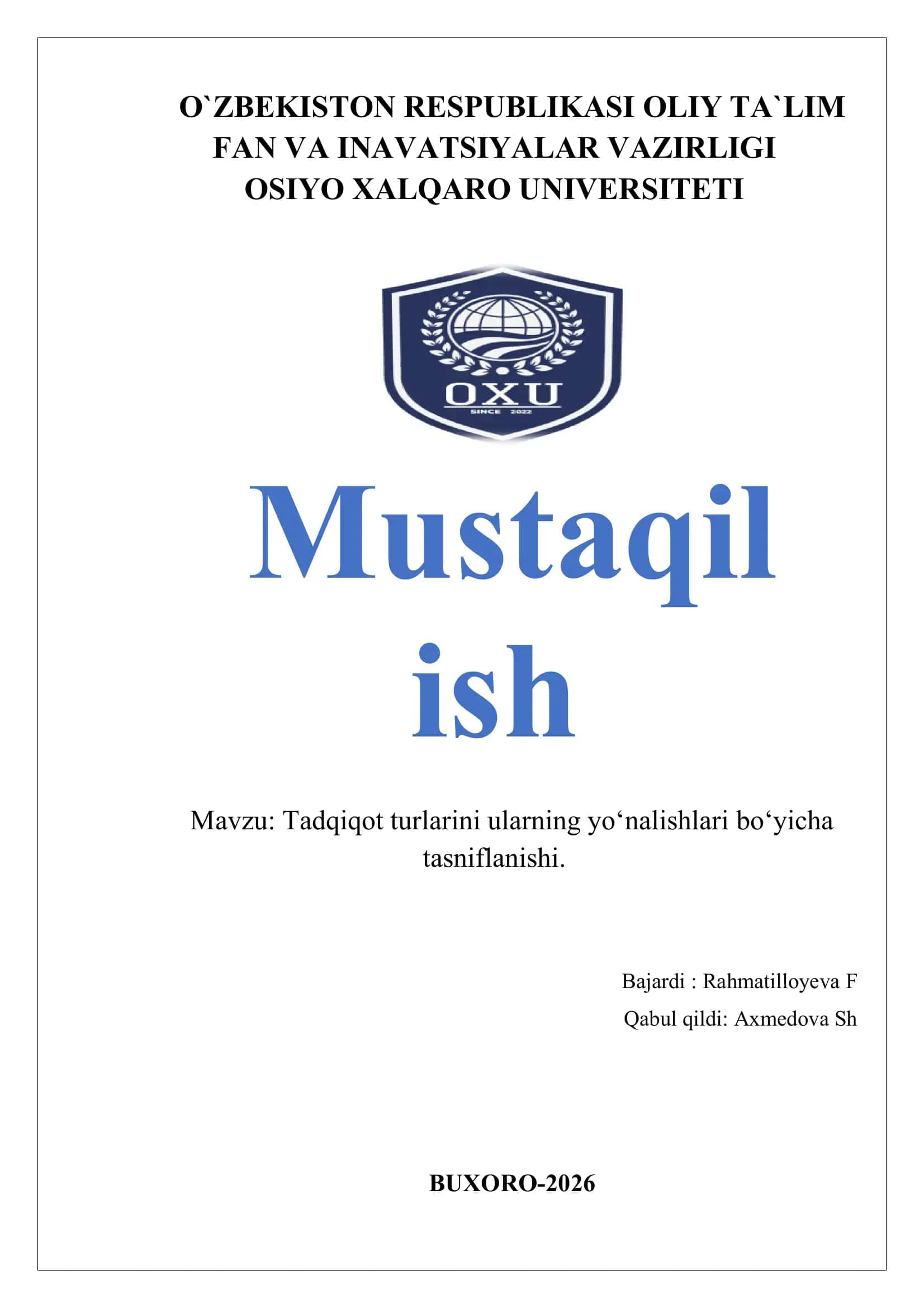 Tadqiqot turlari bo'yicha tasniflanishi 1