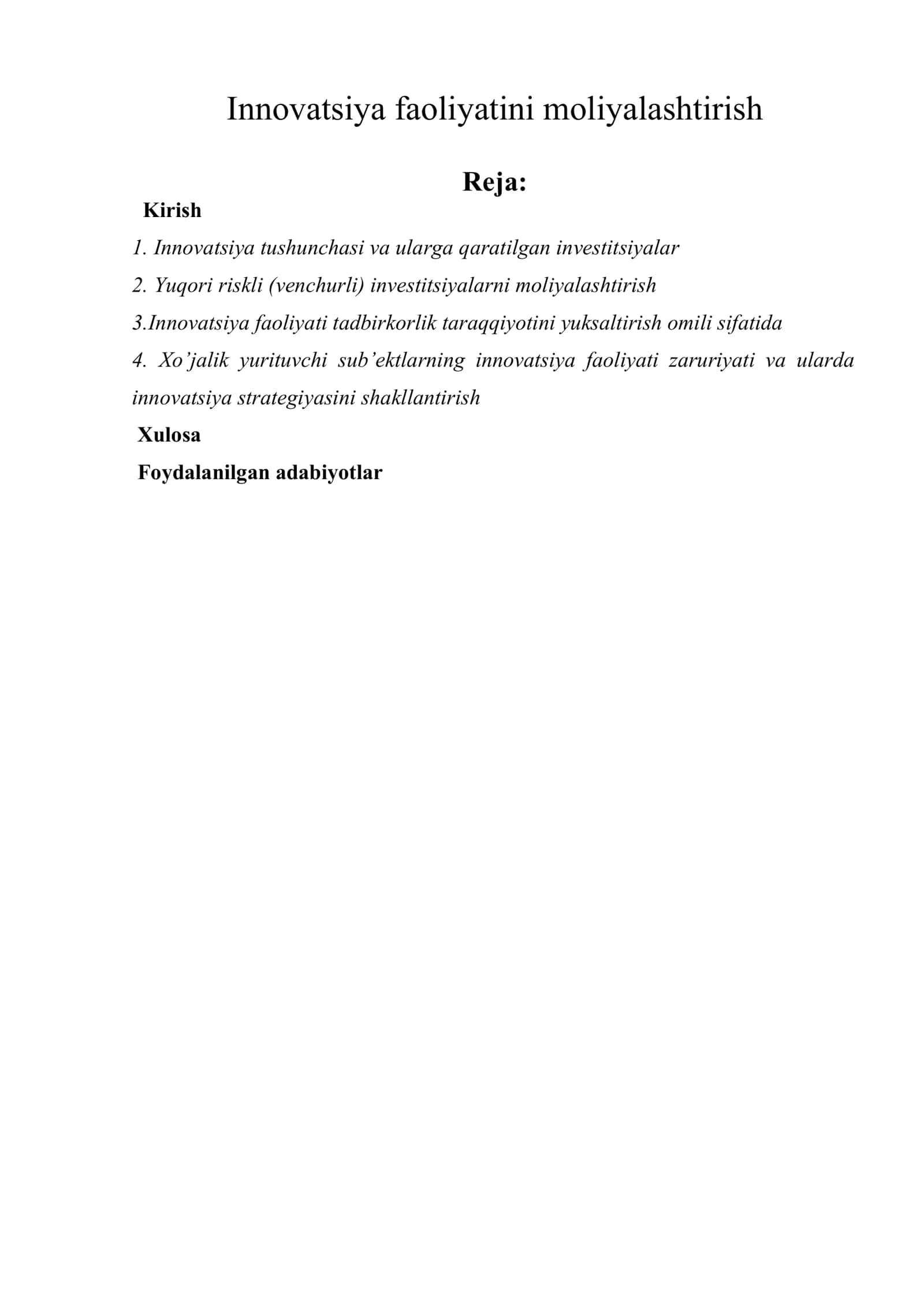 Innovatsiya faoliyatini moliyalashtirish 1