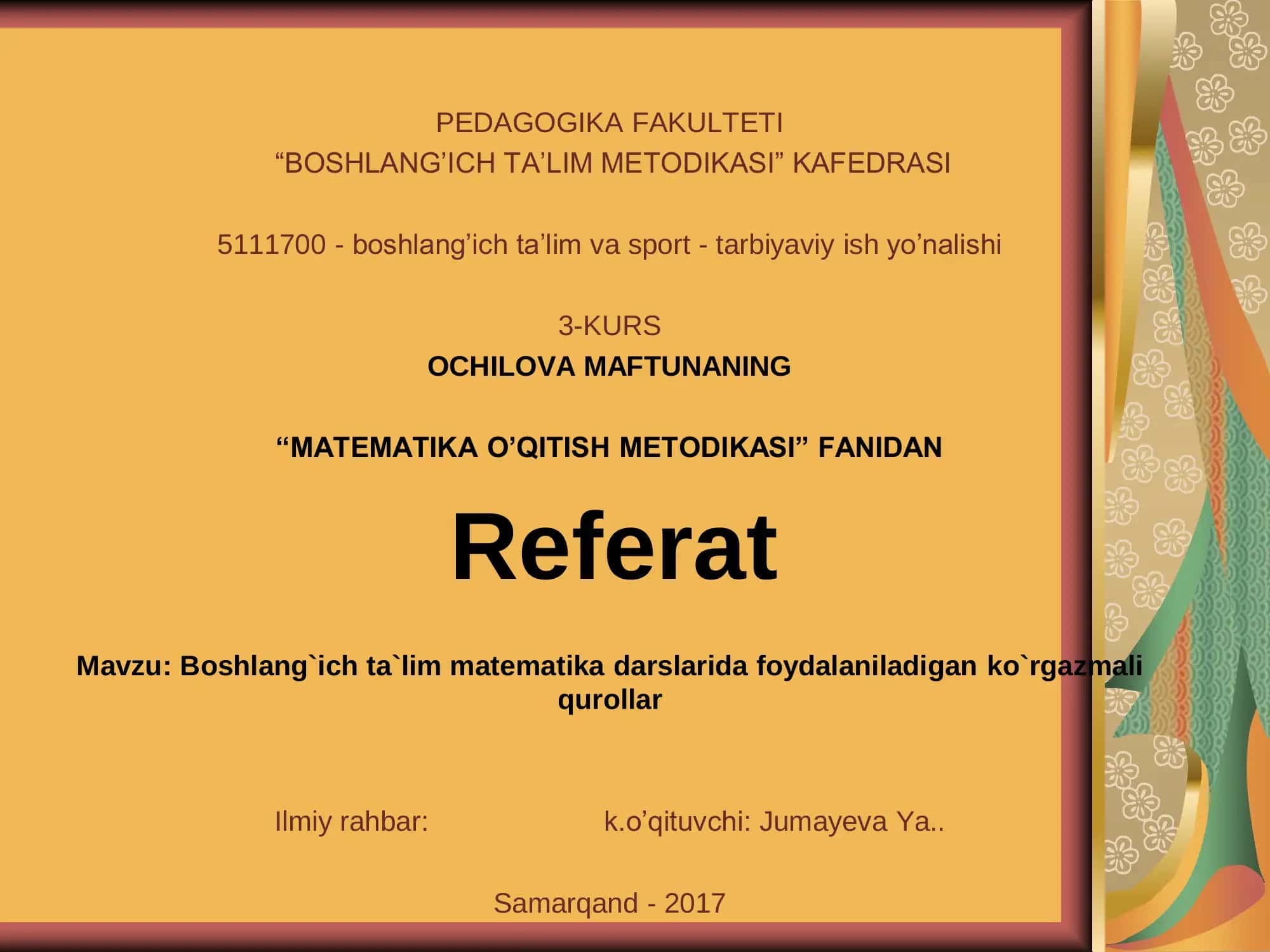 BOSH LANG'ICH TA'LIM METODIKASI 1