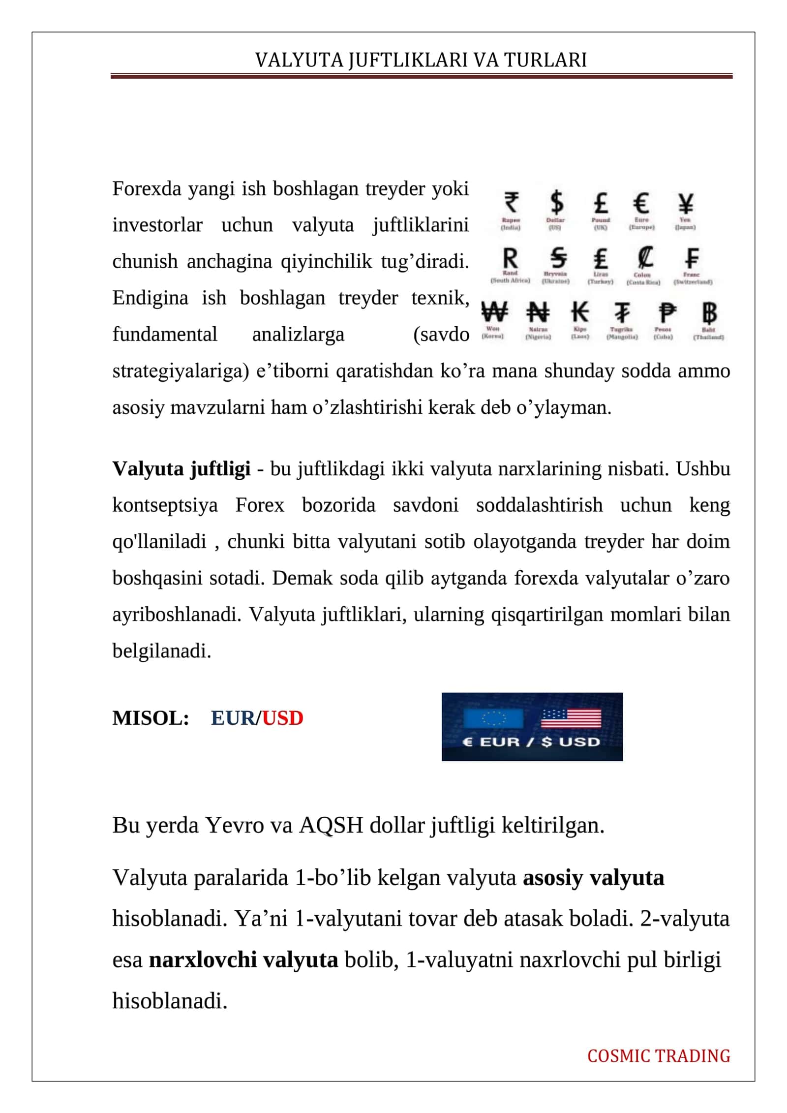 VALYUTA JUFTLIKLARI VA TURLARI 1