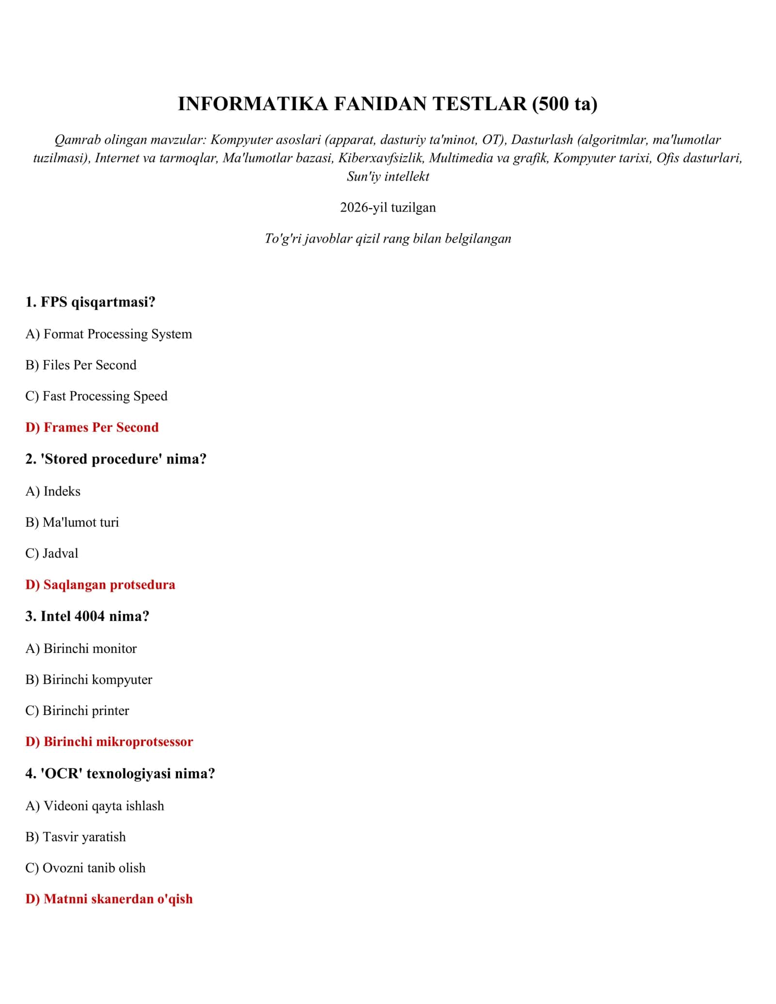 INFORMATIKA FANIDAN TESTLAR (500 ta) 1