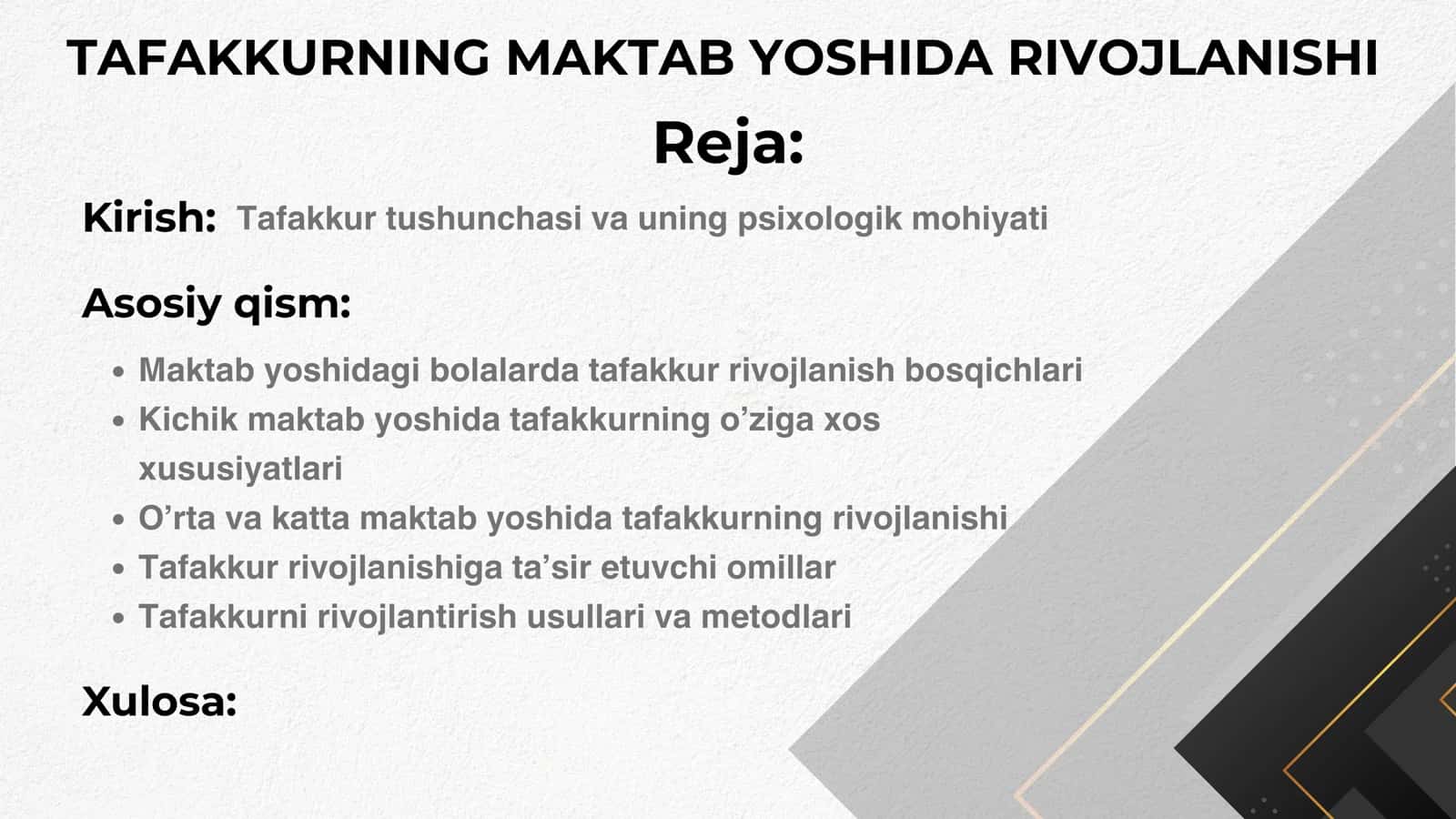 TAFAKKURNING MAKTAB YOSHIDA RIVOJLANISHI 1