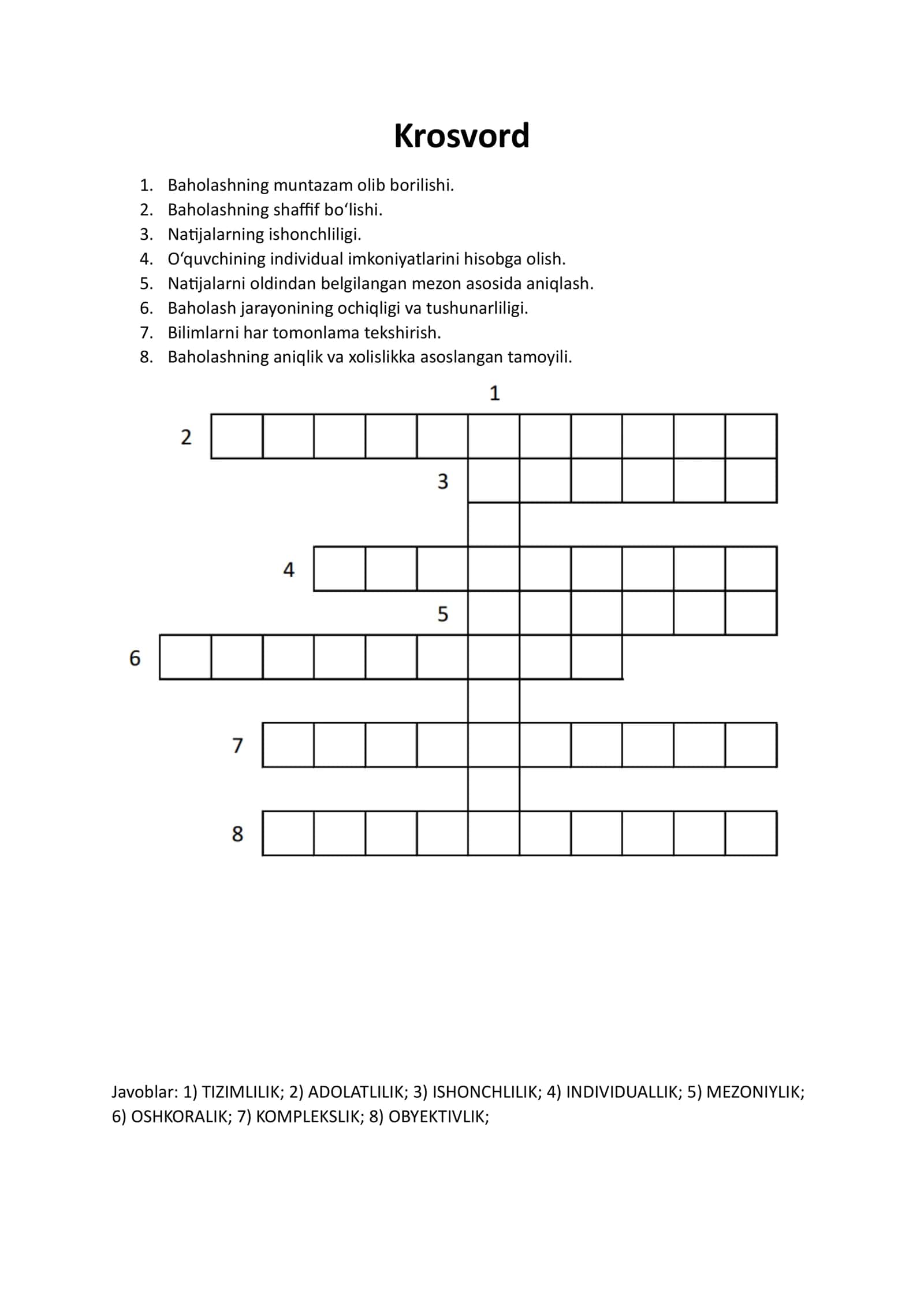 Ta’lim olganlikni tashxis etish tamoyillari. Krossvord 1