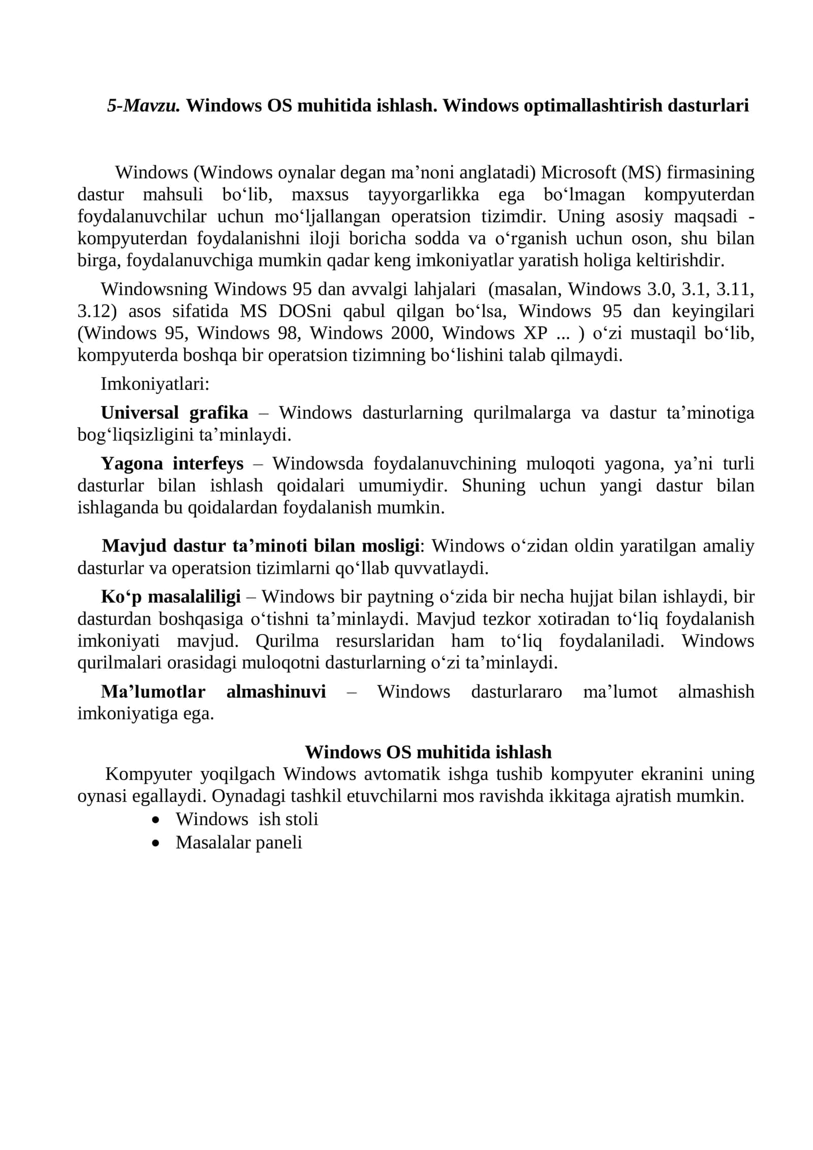 Windows OS muhitida ishlash. Windows optimallashtirish dasturlari 1