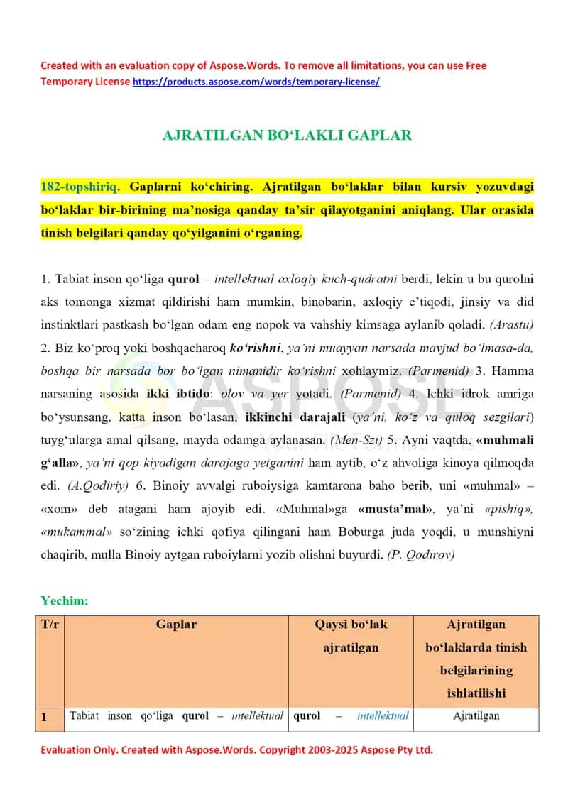 Ajratilgan bo‘lakli gaplar – amaliy ishlar to‘plami 1
