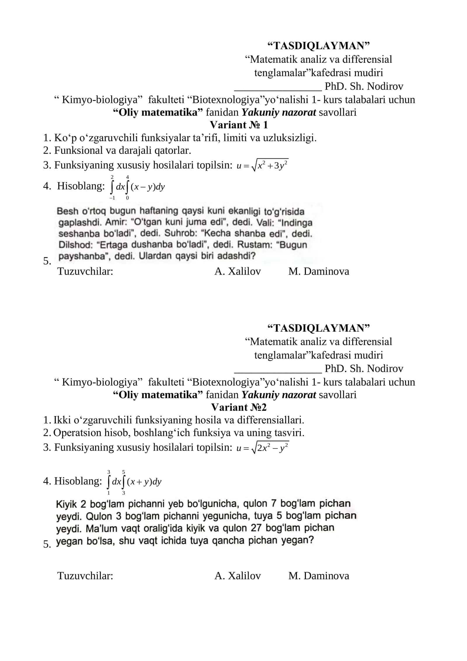 Oliy matematika Yakuniy nazorat savollari 1