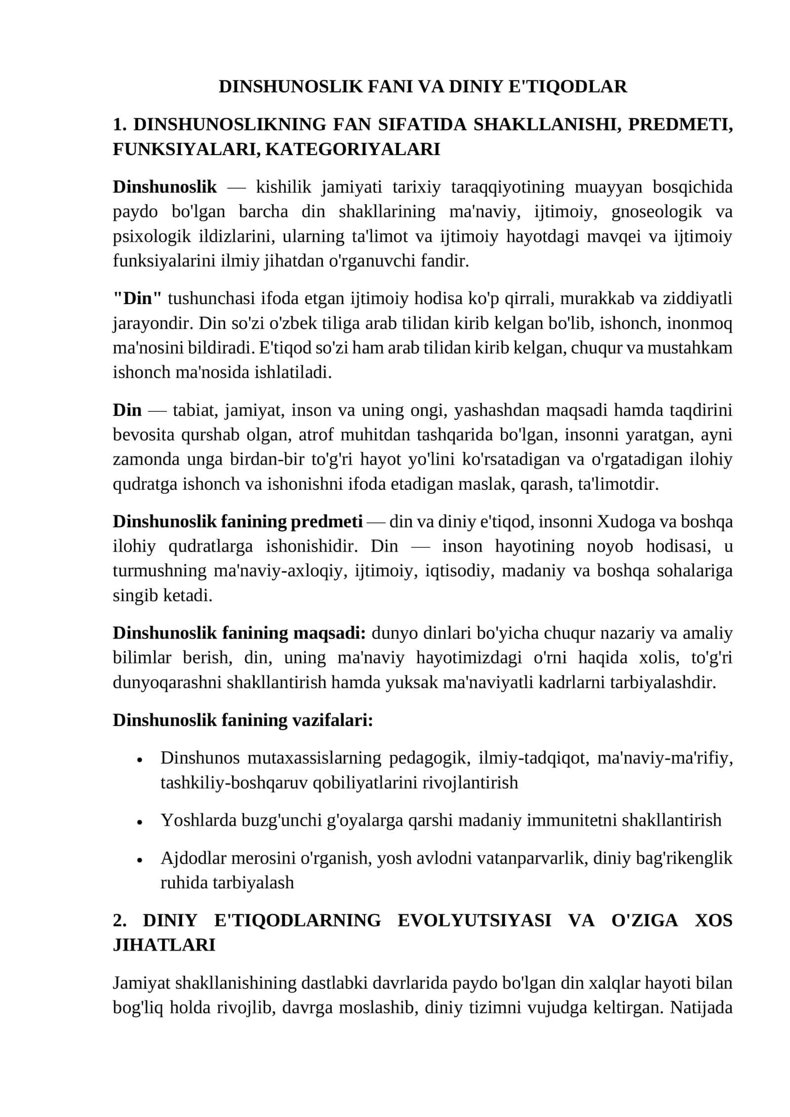 Dinshunoslik Fani va Diniy E'tiqodlar 1