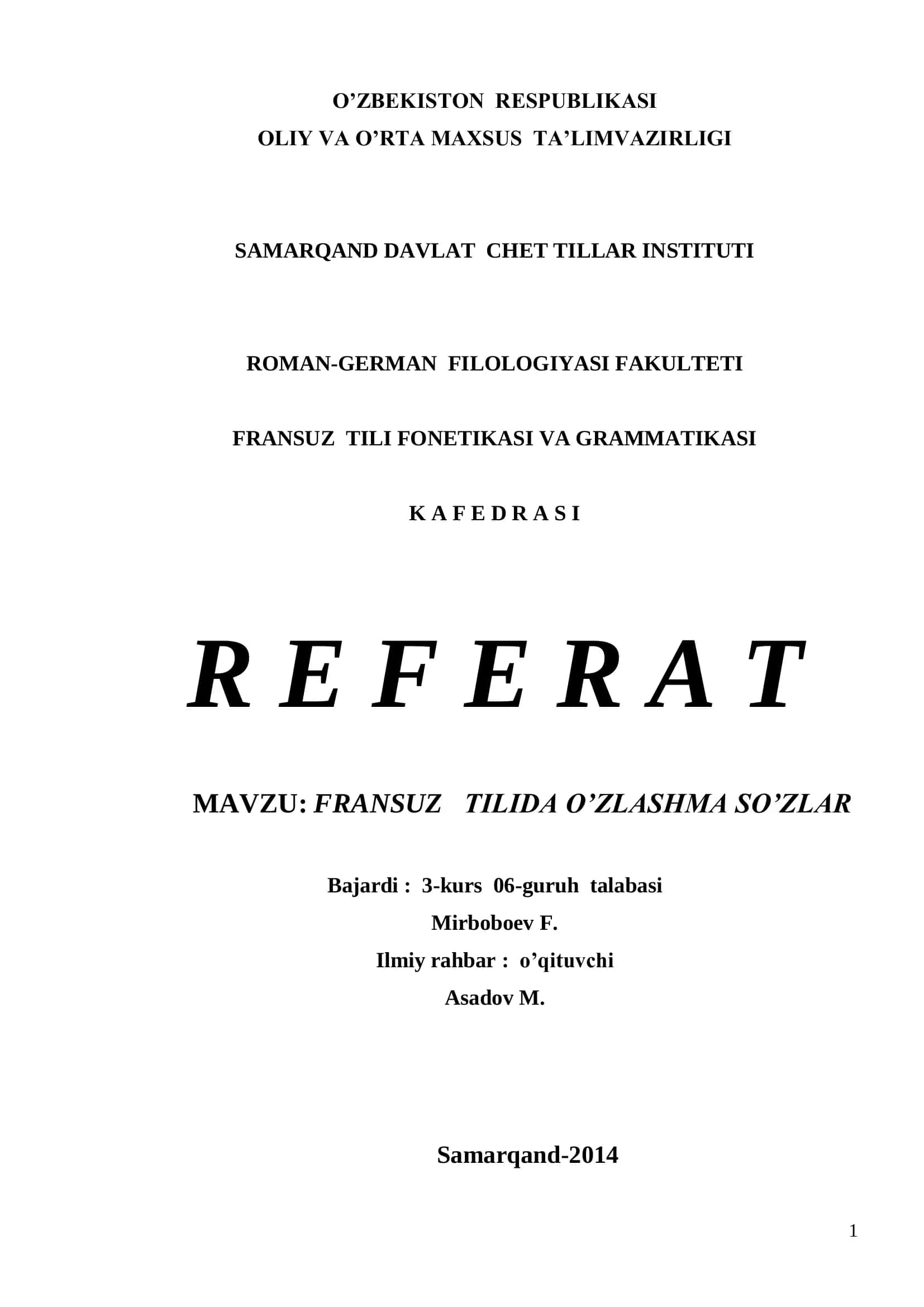 FRANSUZ TILIDA O’ZLASHMA SO’ZLAR 1