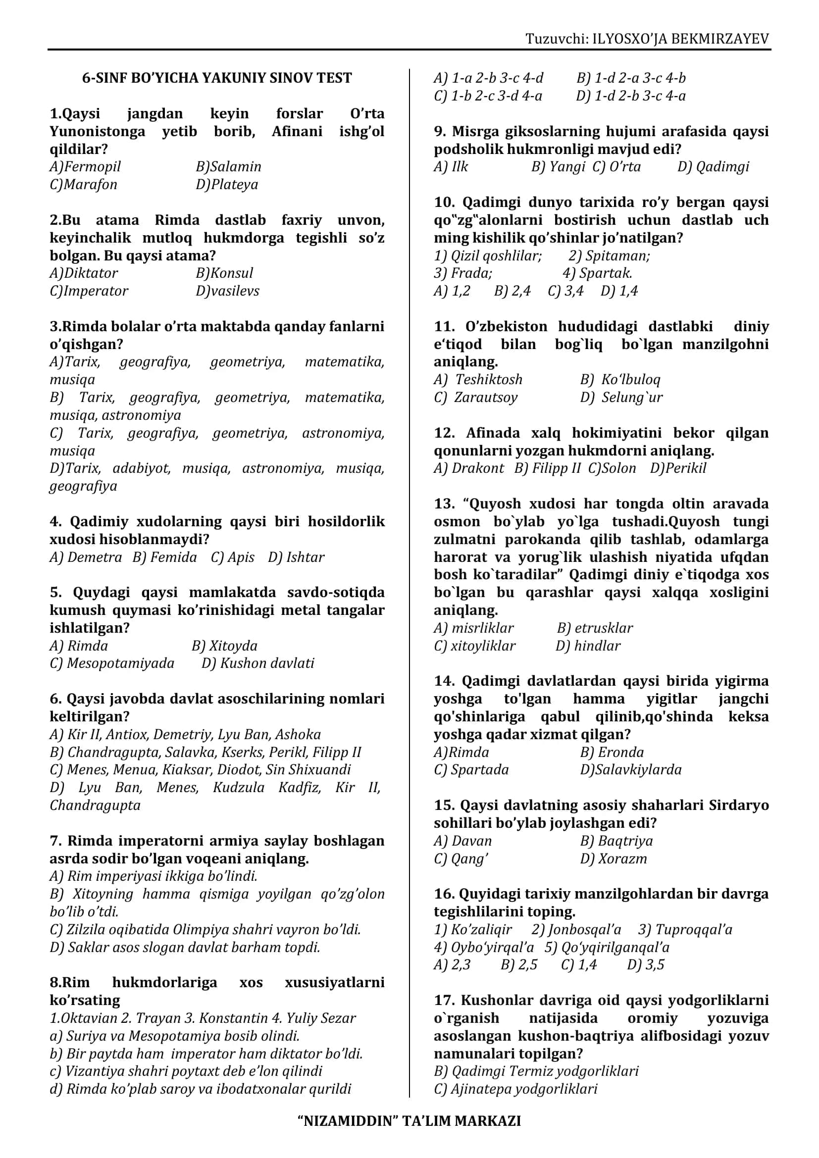 6-SINF BO’YICHA YAKUNIY SINOV TEST 1
