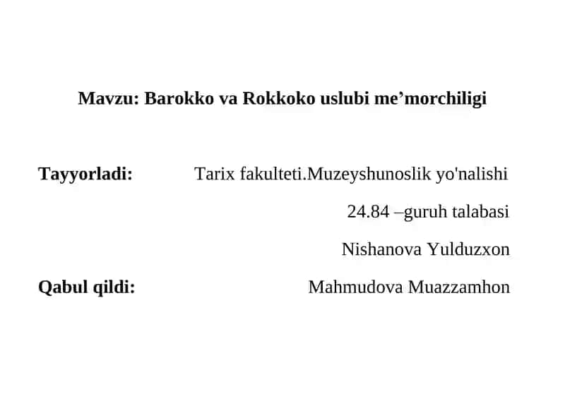 Barokko va Rokkoko uslubi me’morchiligi