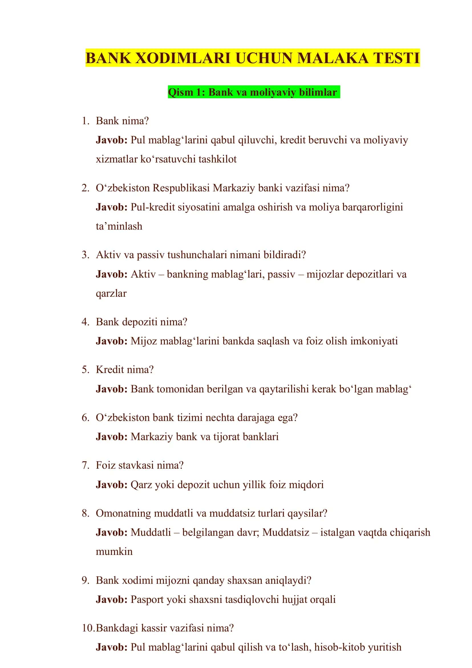 BANK XODIMLARI UCHUN MALAKA TESTI 1