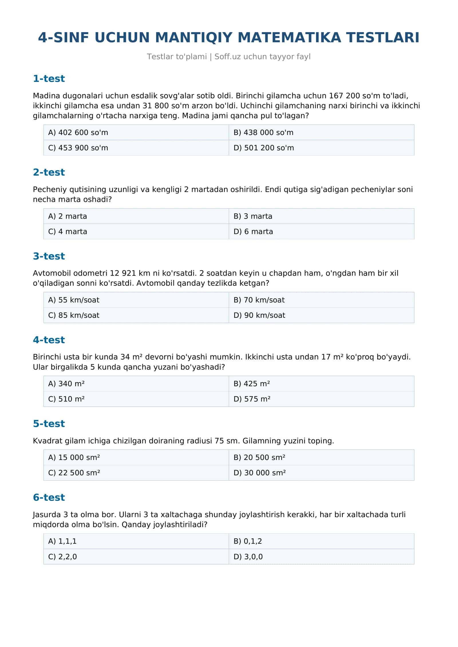 4-SINF UCHUN MANTIQIY MATEMATIKA TESTLARI 1