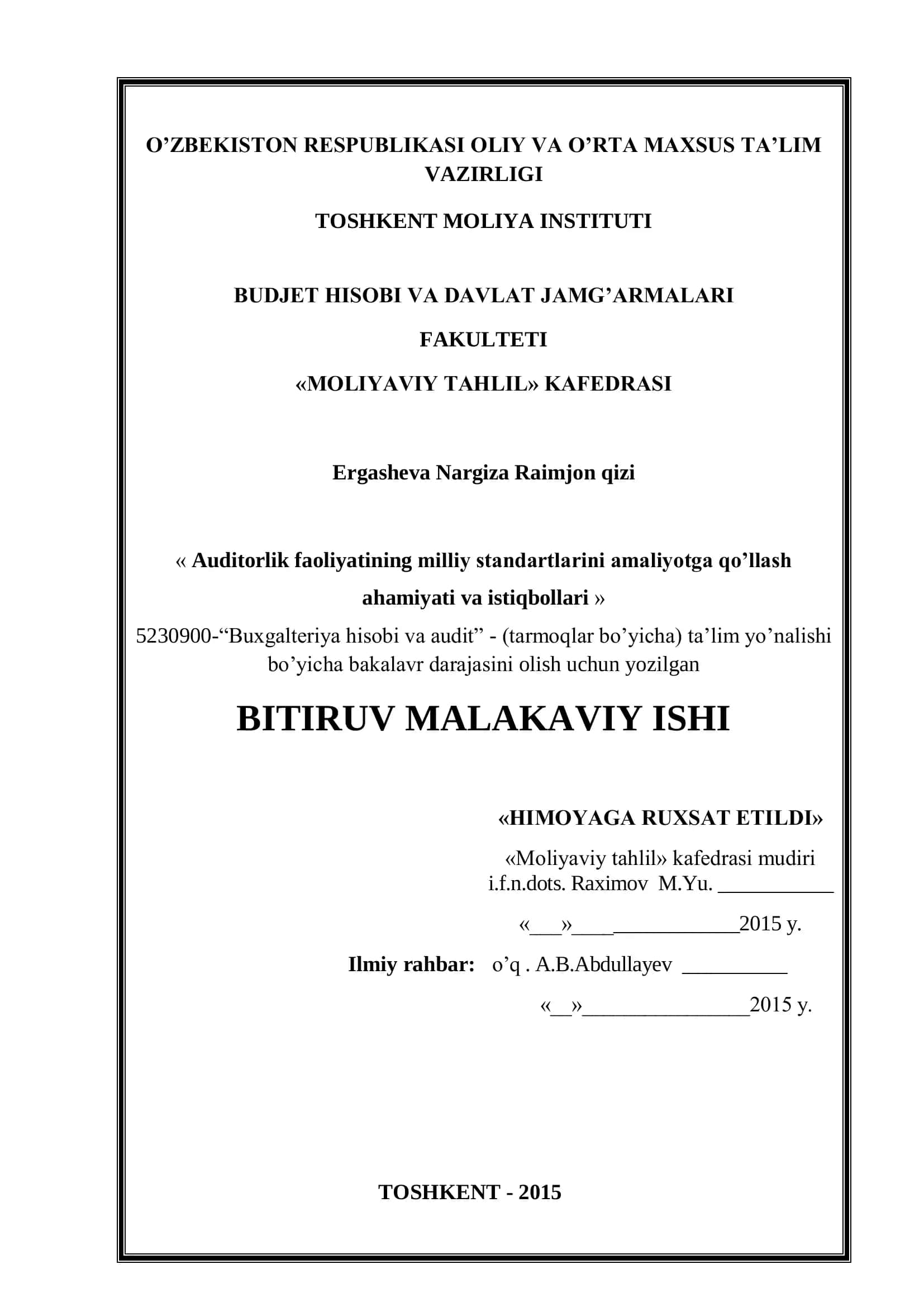 « Auditorlik faoliyatining milliy standartlarini amaliyotga qo’llash ahamiyati va istiqbollari » 1