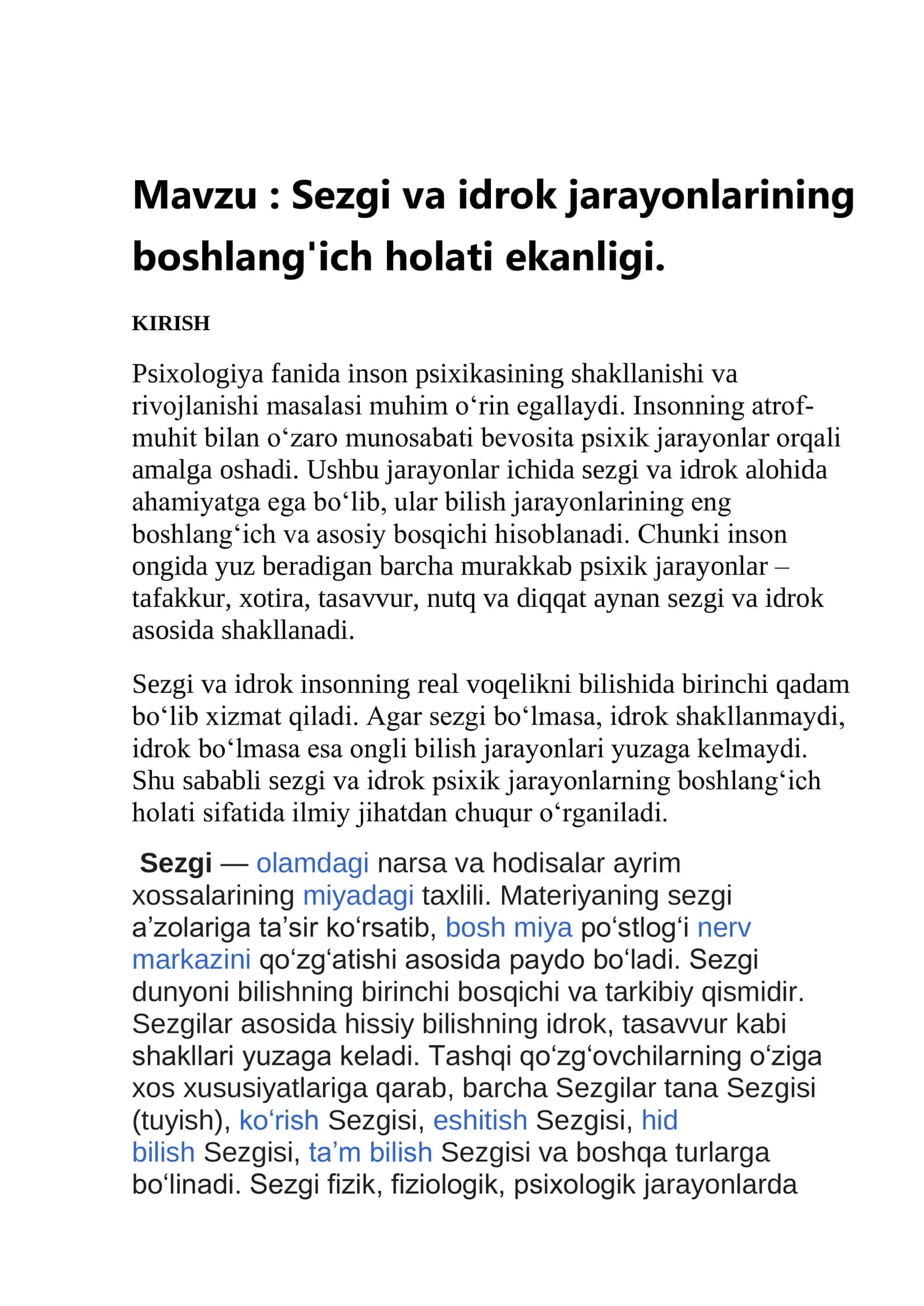Sezgi va idrok jarayonlarining boshlang'ich holati ekanligi 1