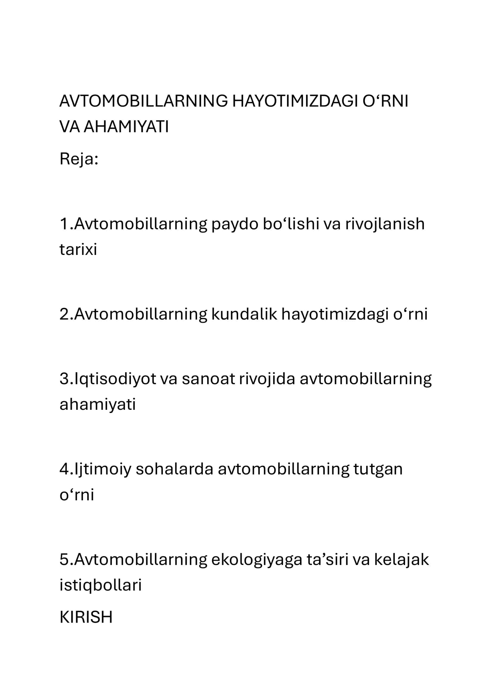 Avtomobillarning inson hayotidagi oʻrni va ahamiyati 1