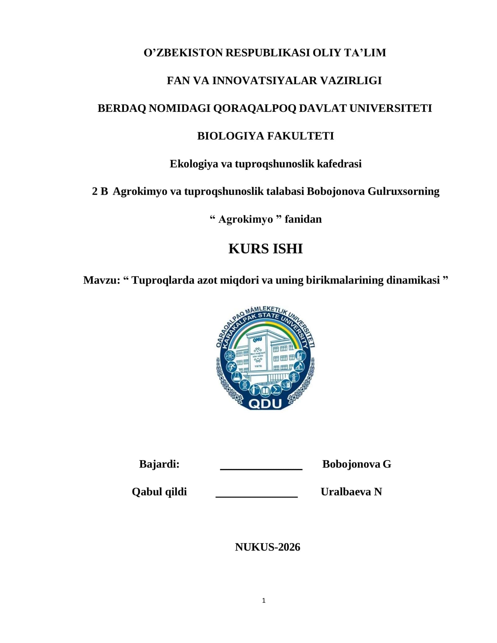 Tuproqlarda azot miqdori va uning birikmalarining dinamikasi 1