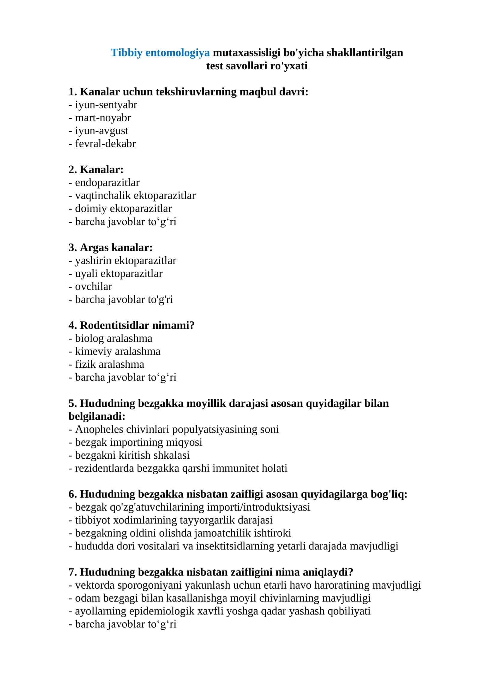 Tibbiy entomologiya test savollari 2026 1