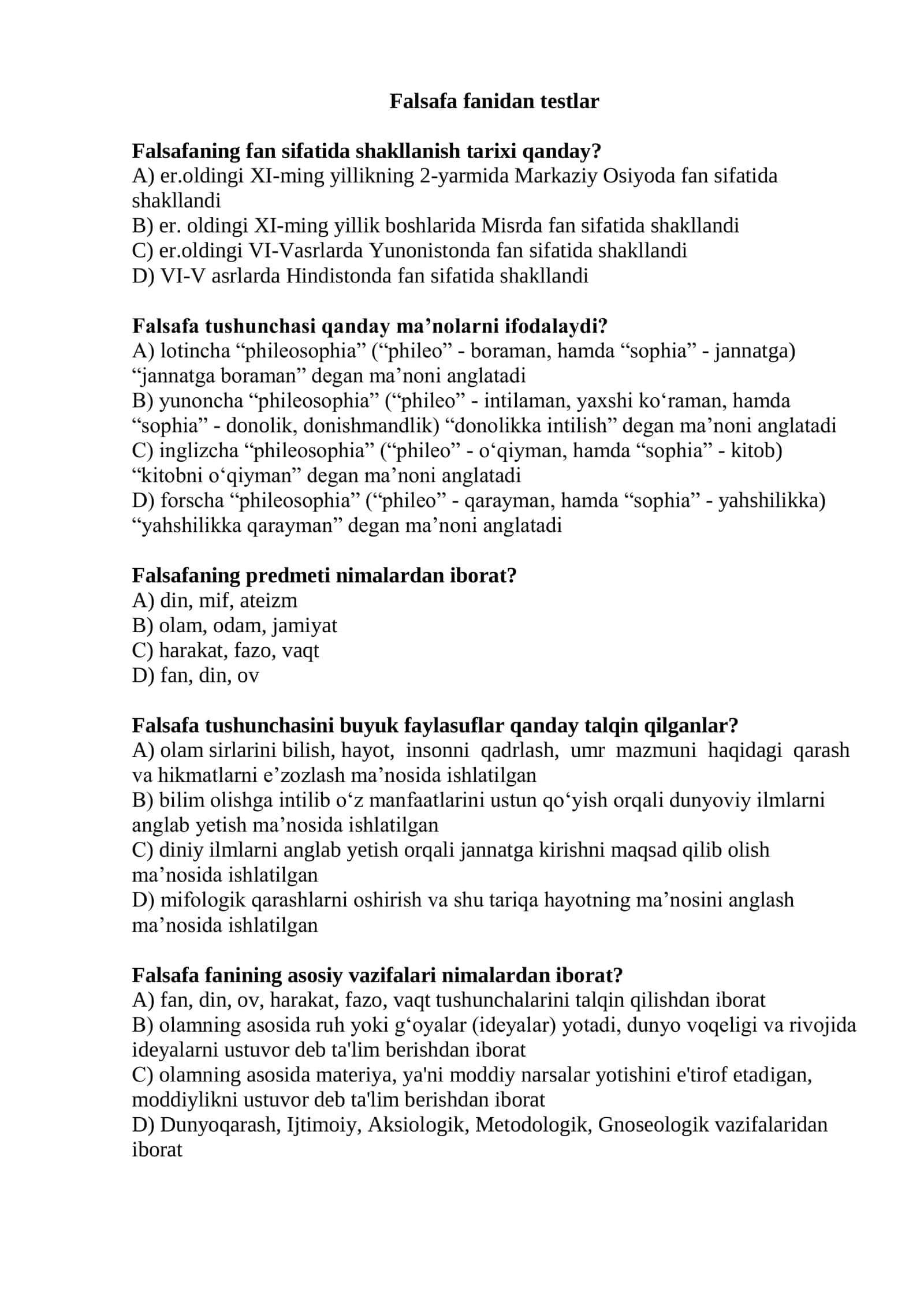 Falsafa fanidan testlar 1