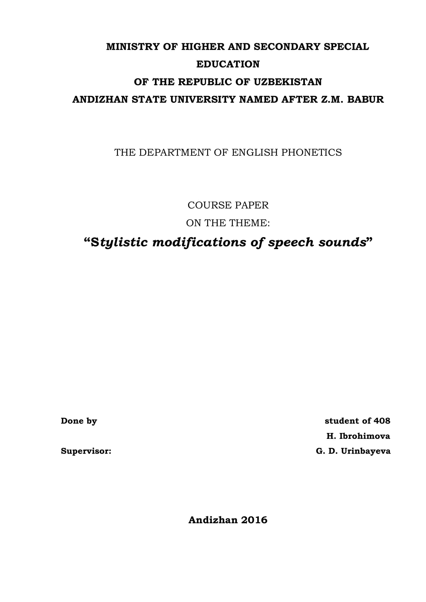 Course Paper on "Stylistic modifications of speech sounds" 1