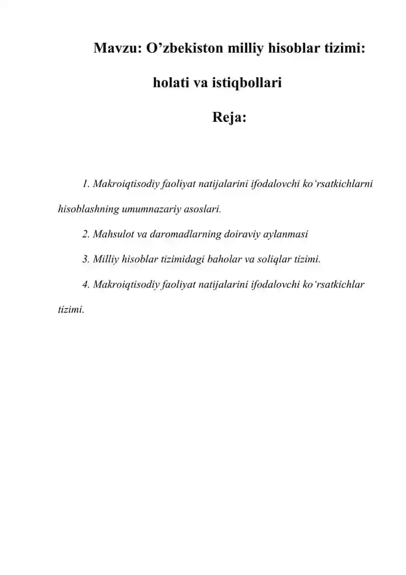 O’zbekiston milliy hisoblar tizimi: holati va istiqbollari