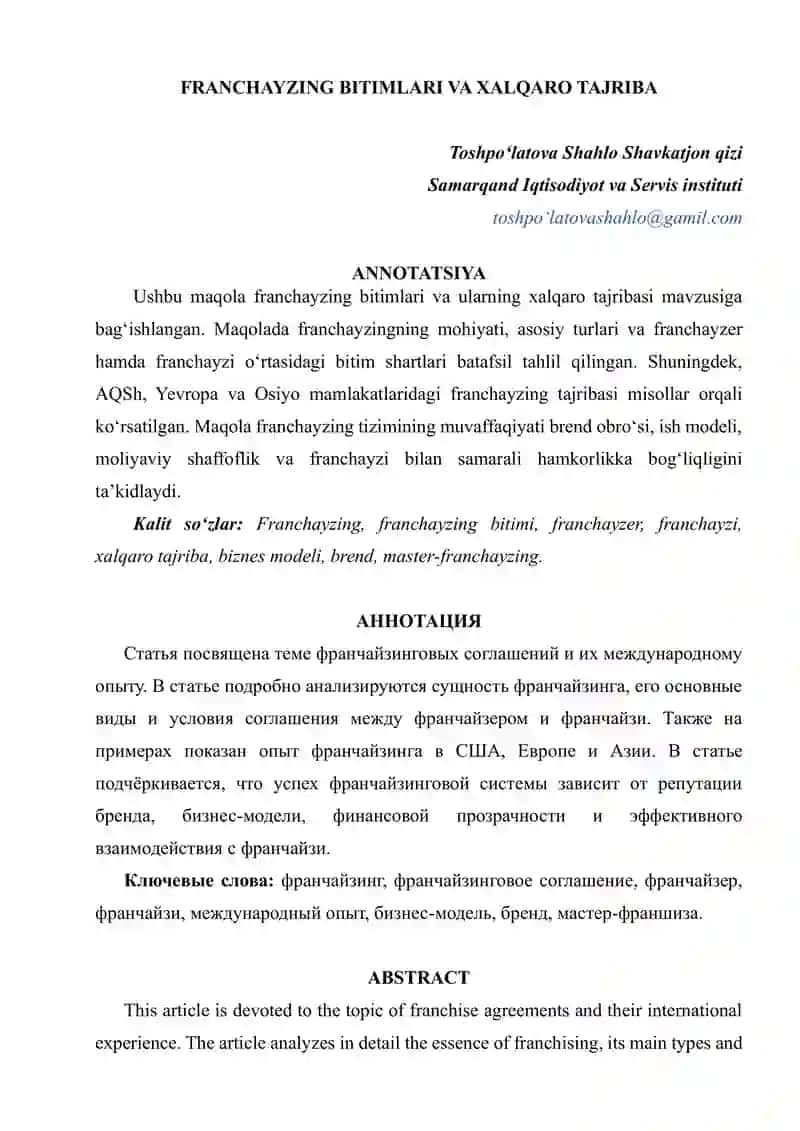 FRANCHAYZING BITIMLARI VA XALQARO TAJRIBA