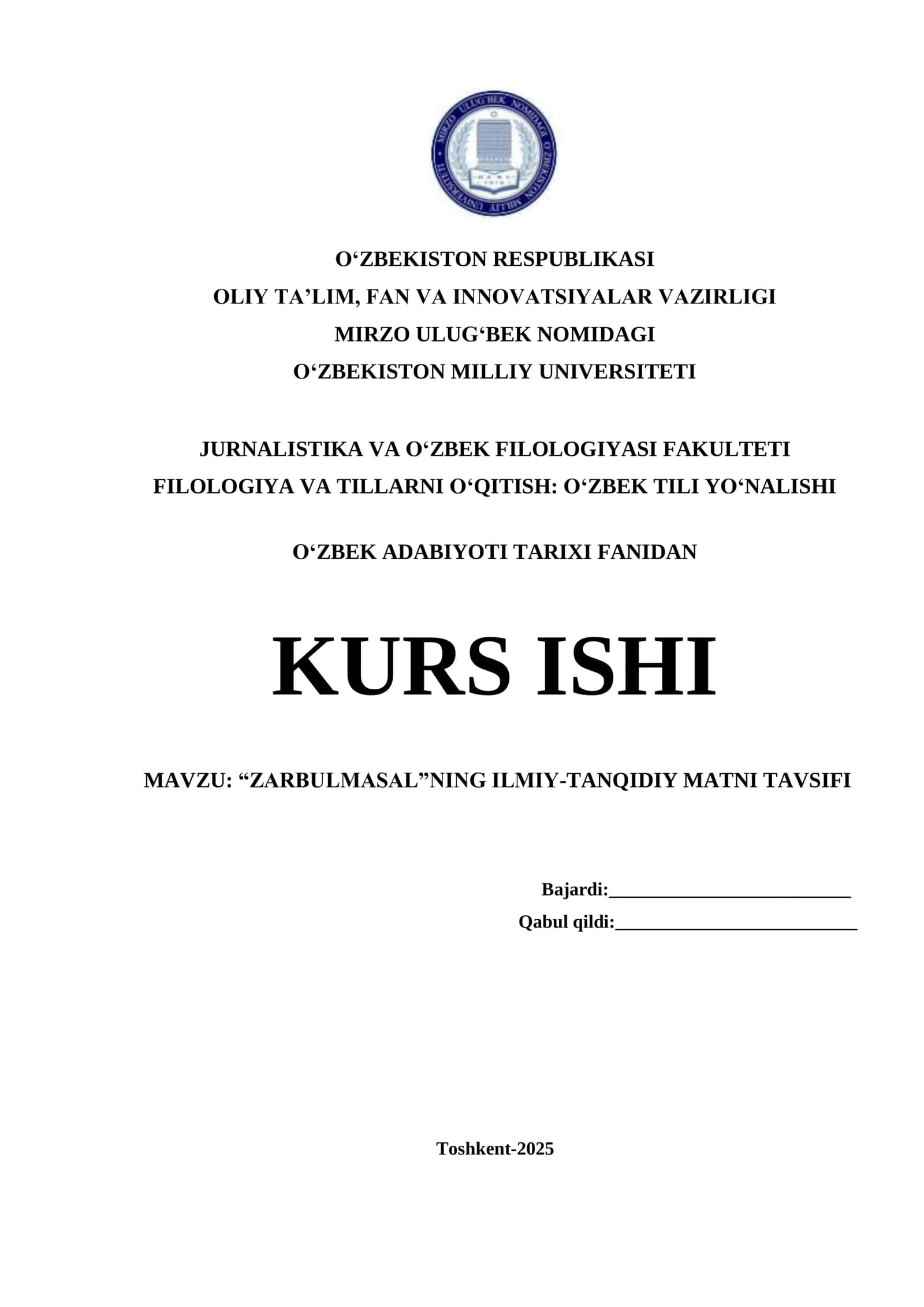 “ZARBULMASAL”NING ILMIY-TANQIDIY MATNI TAVSIFI 1
