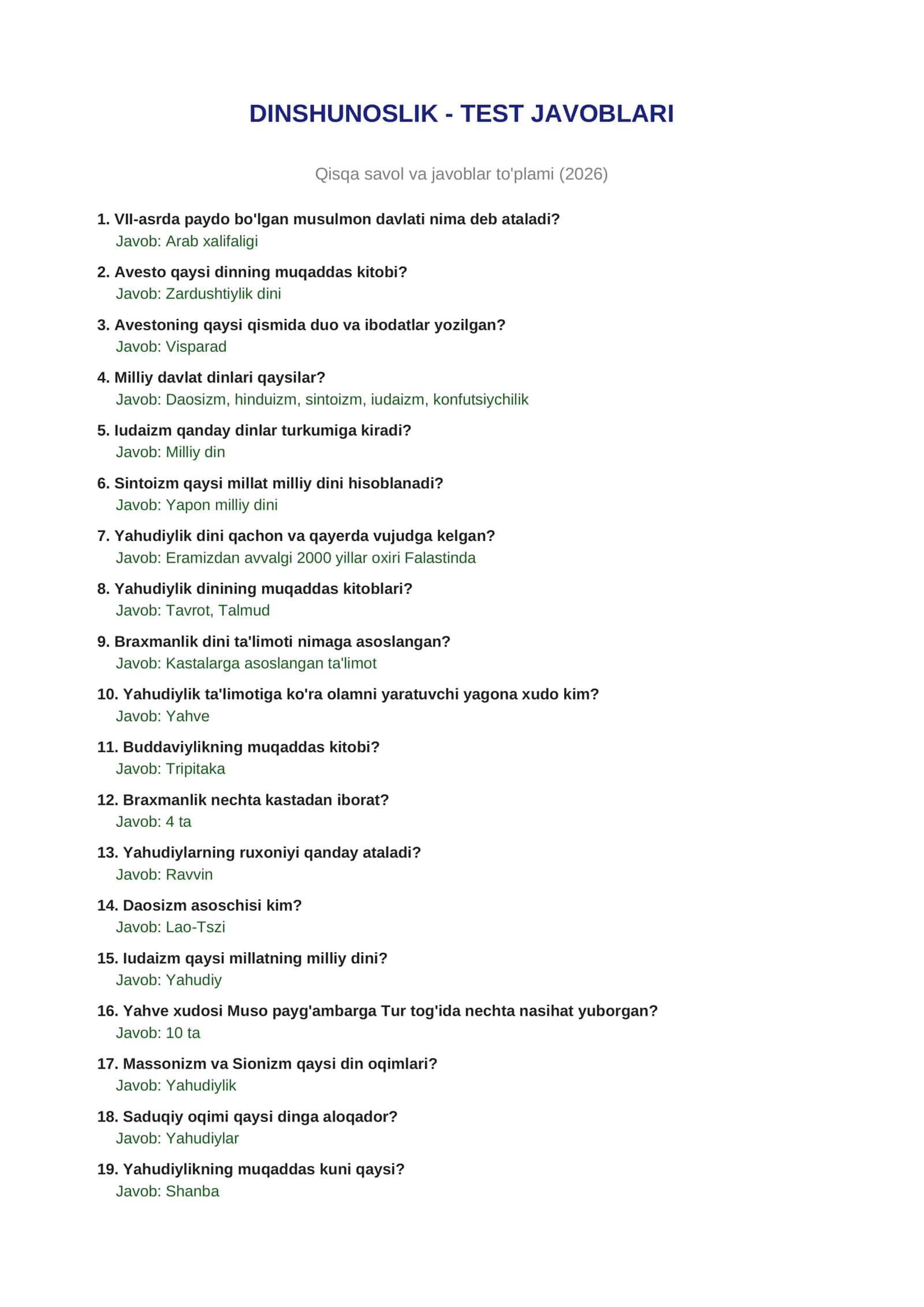 DINSHUNOSLIK - TEST JAVOBLARI 1