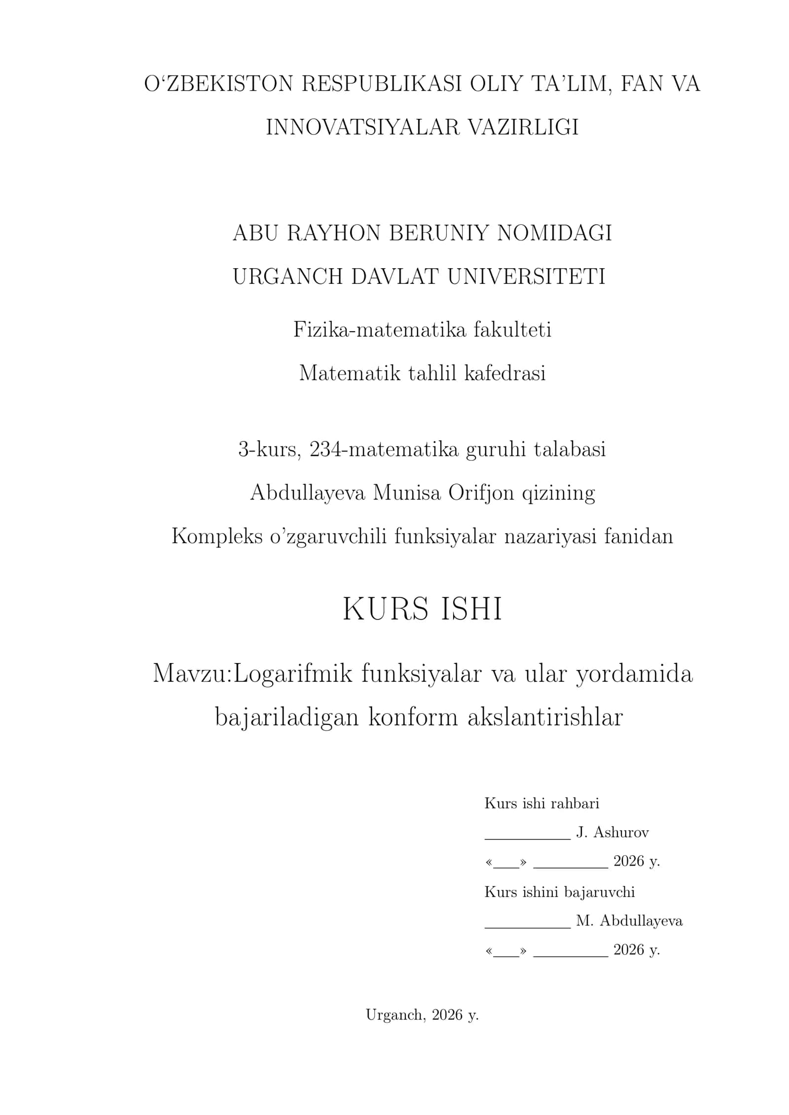 Logorifmik funksiyalar va ular yordamida bajariladigan konform akslantirishlar 1